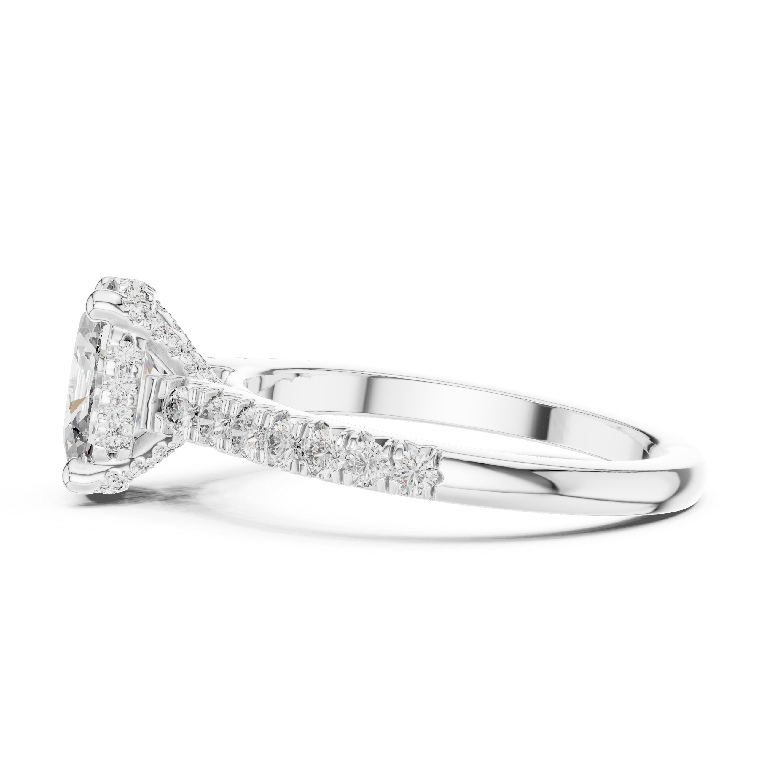 Side profile white gold oval engagement ring showing hidden halo under gallery
