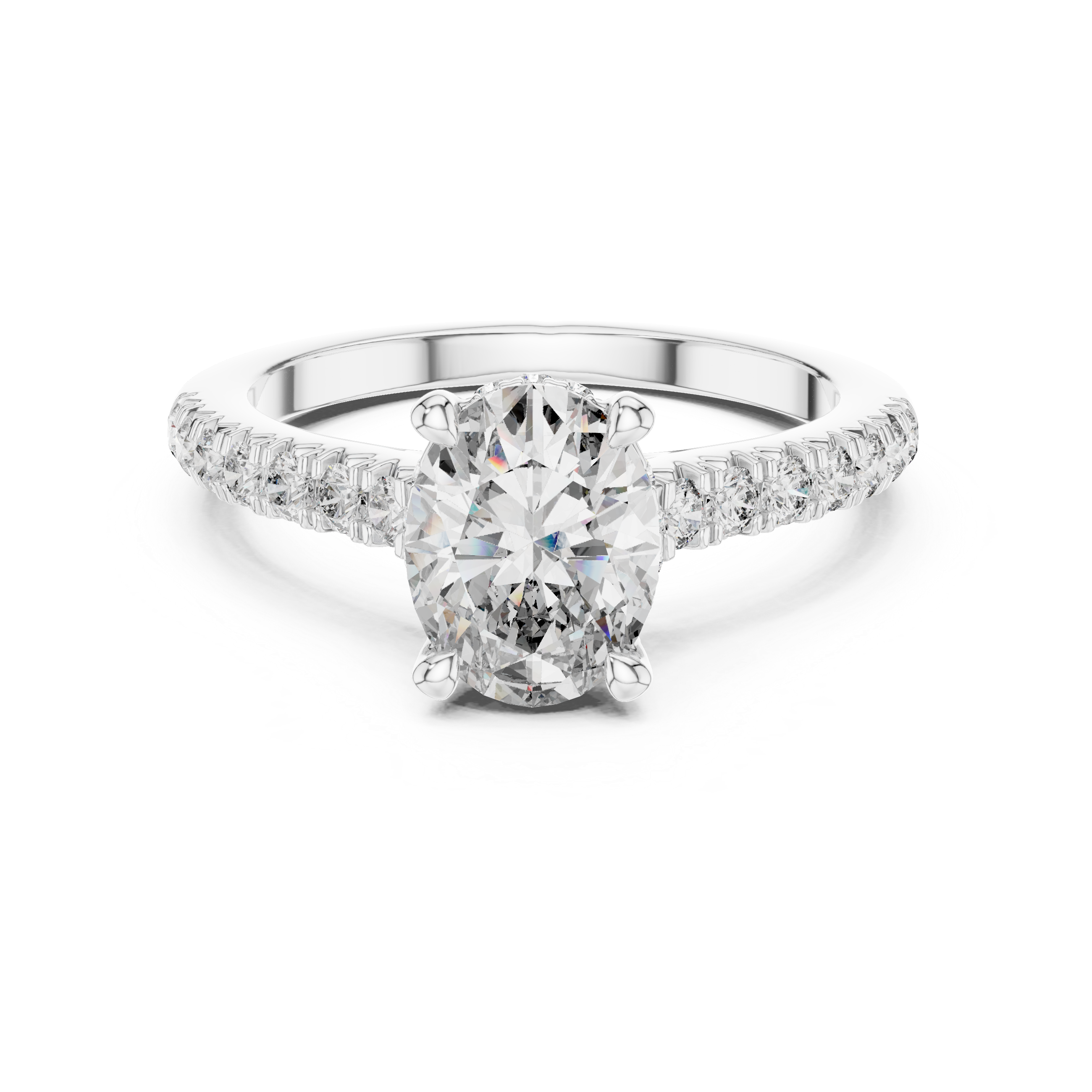 Mozow X oval hidden halo moissanite engagement ring in white gold front view 1.97ct proposal ring