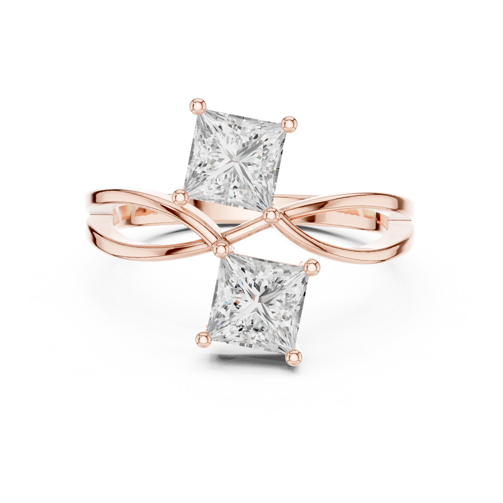 Rose gold ring with two princess-cut diamonds on a white background