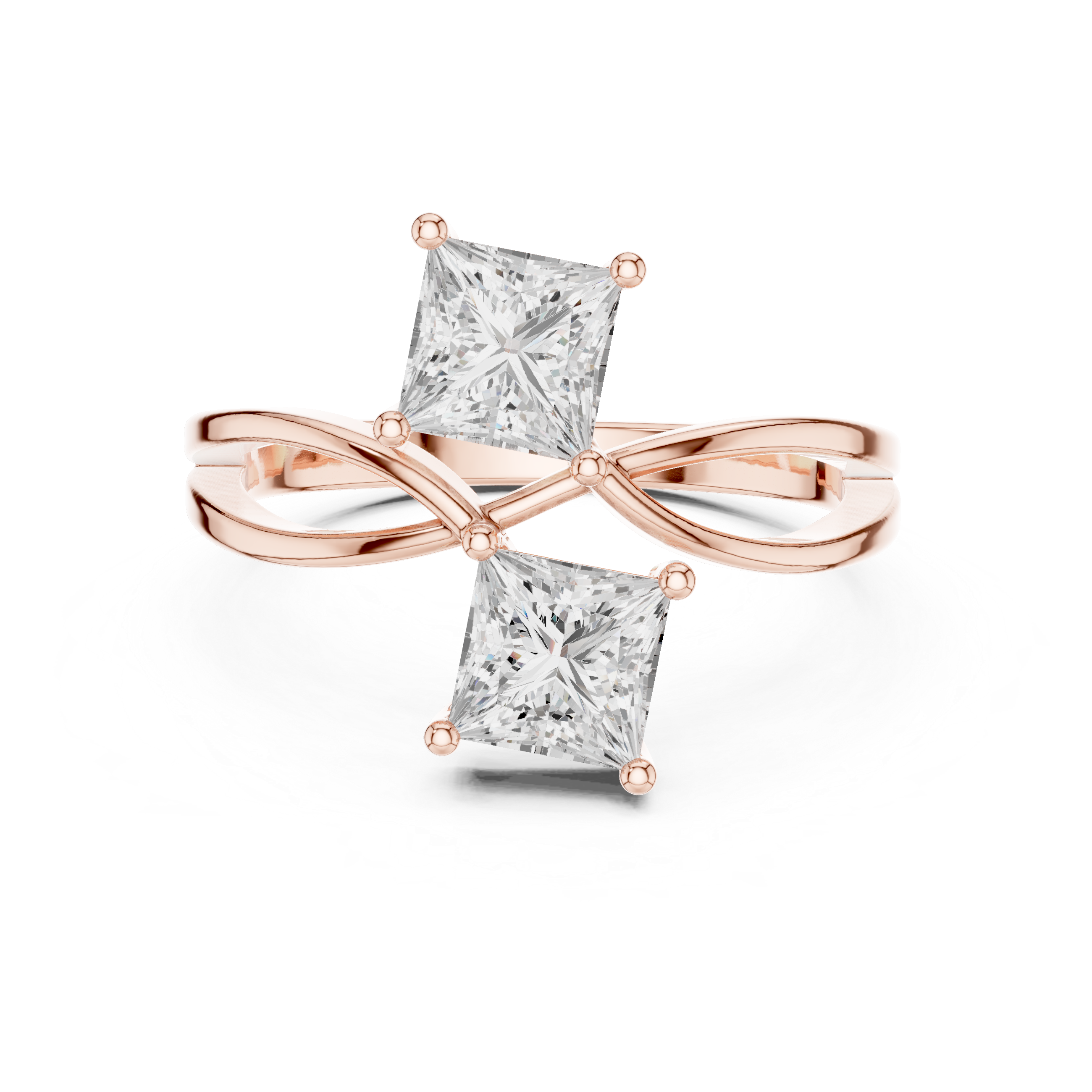 Rose gold ring with two princess-cut diamonds on a white background