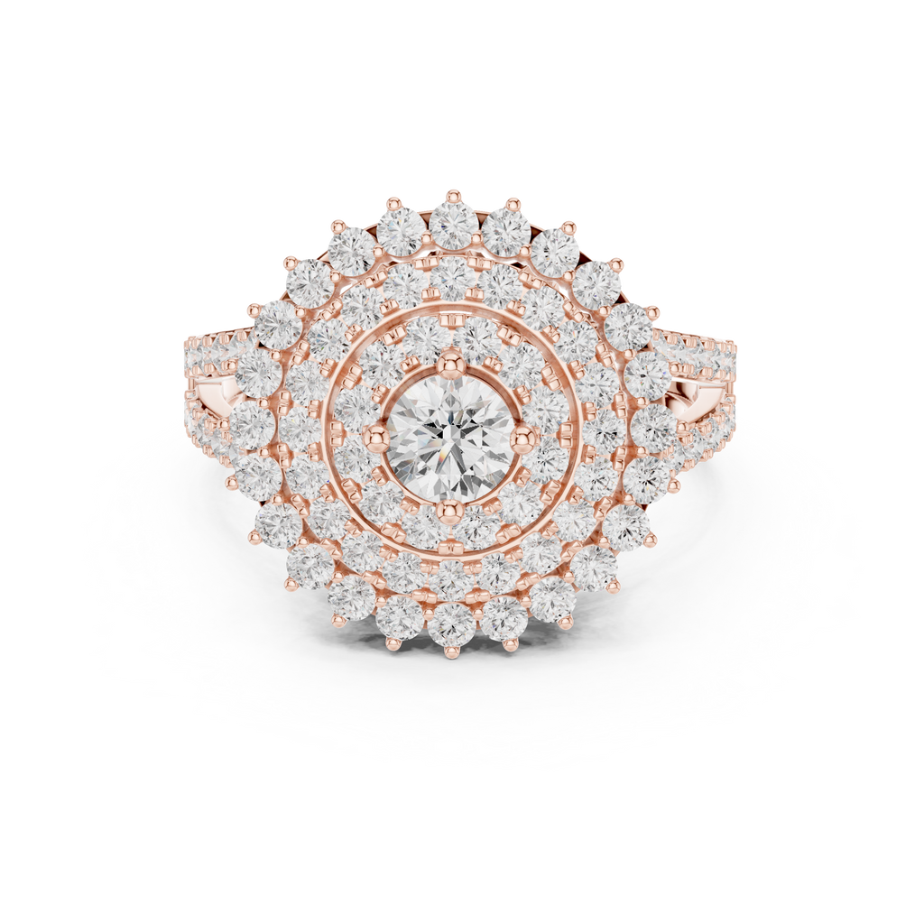 rose gold multi halo moissanite ring front view statement design