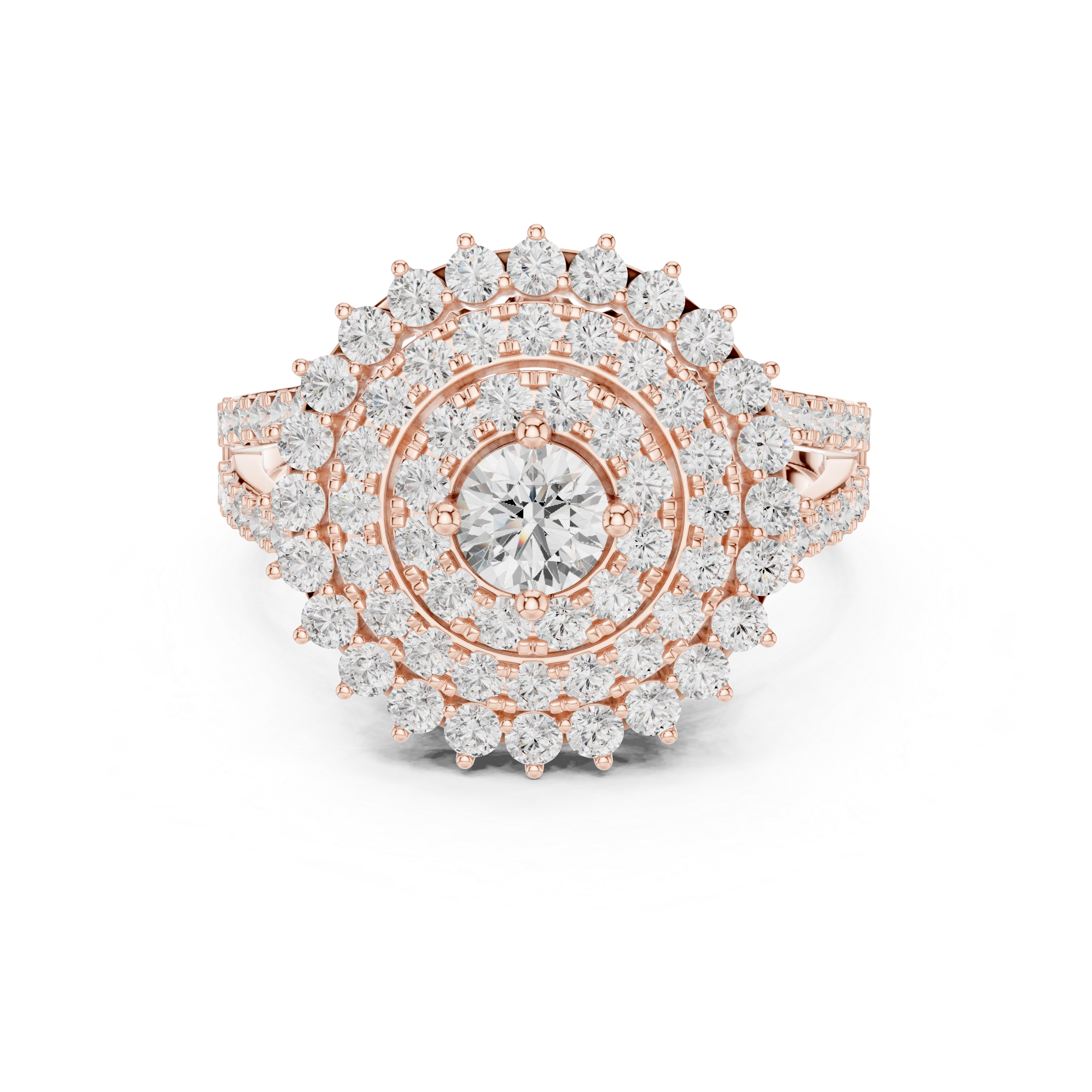 rose gold multi halo moissanite ring front view statement design