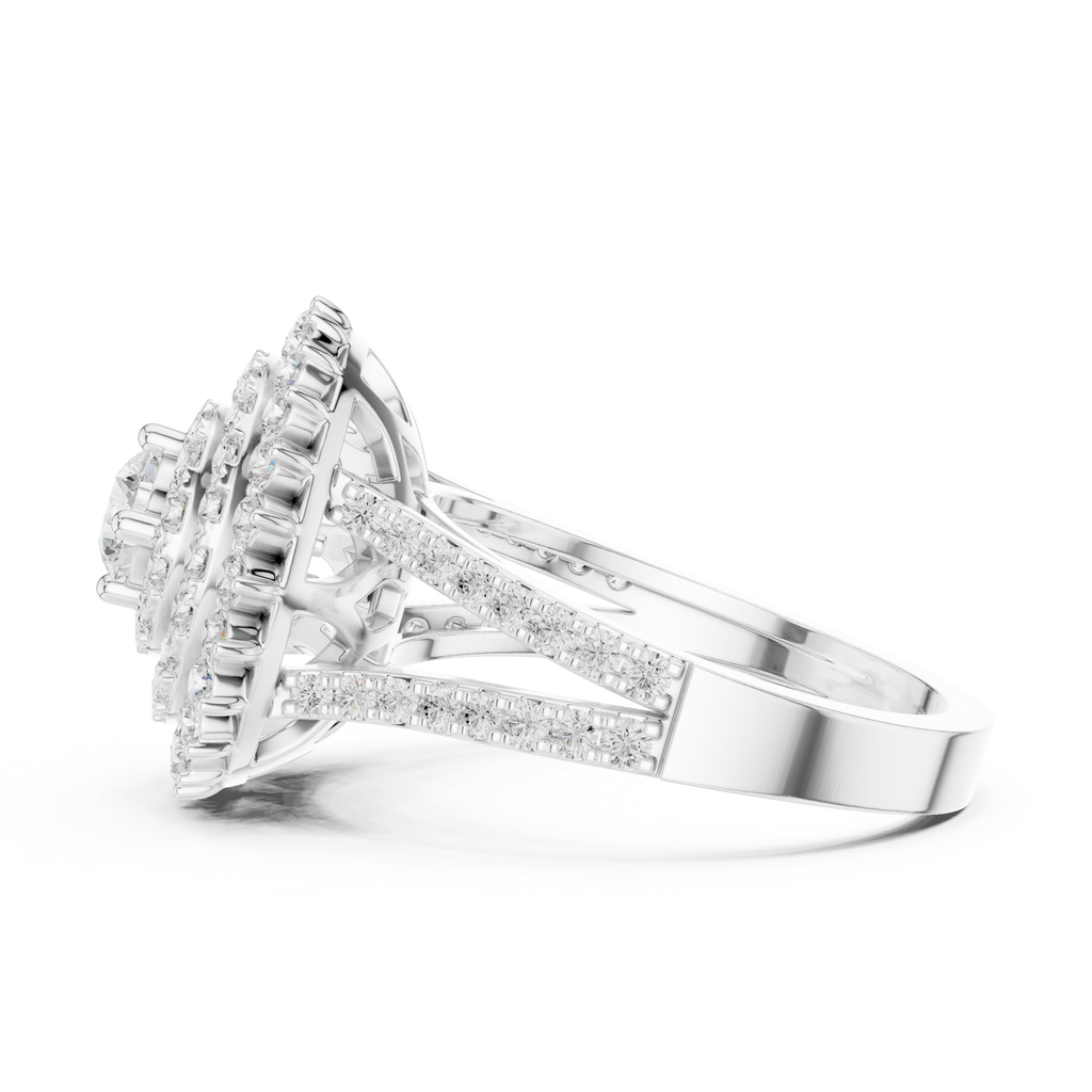 white gold moissanite ring close up high shine sparkle