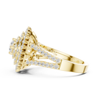 Gold ring with diamond accents on a white background