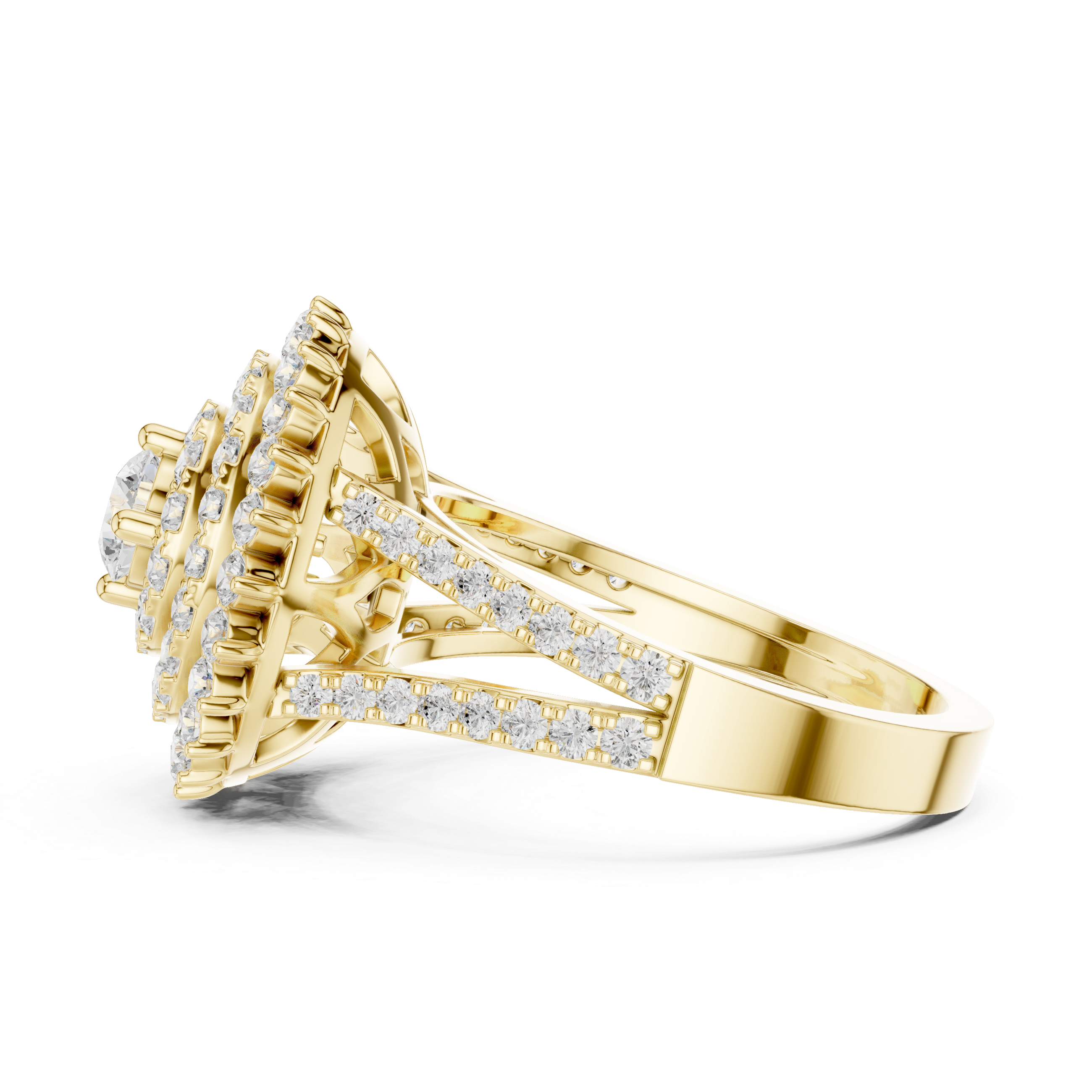 Gold ring with diamond accents on a white background