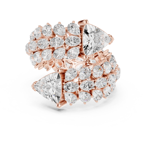 rose gold designer cluster ring front view trilliant and pear stone layout