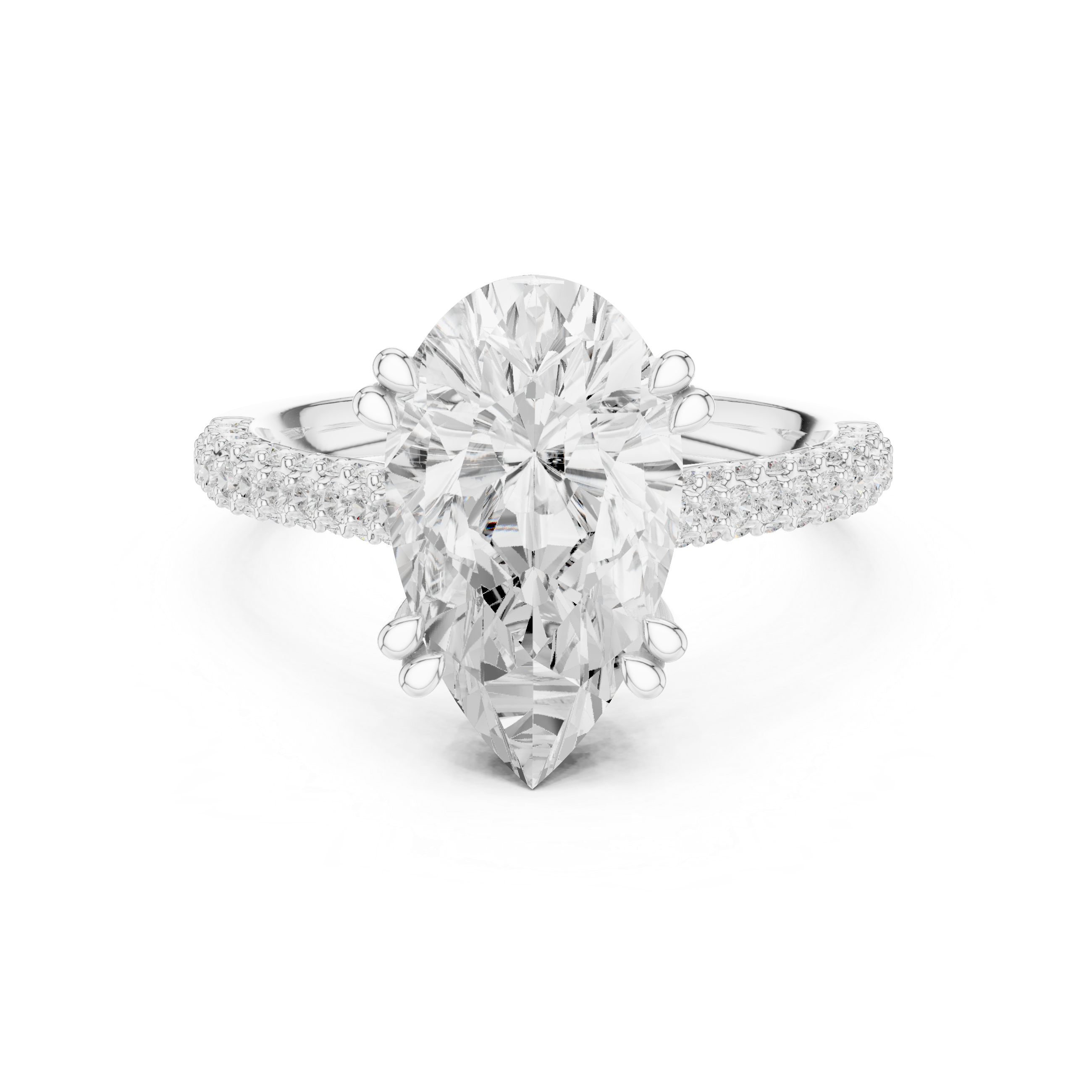 Rose gold ring with a large pear-shaped diamond on a white background