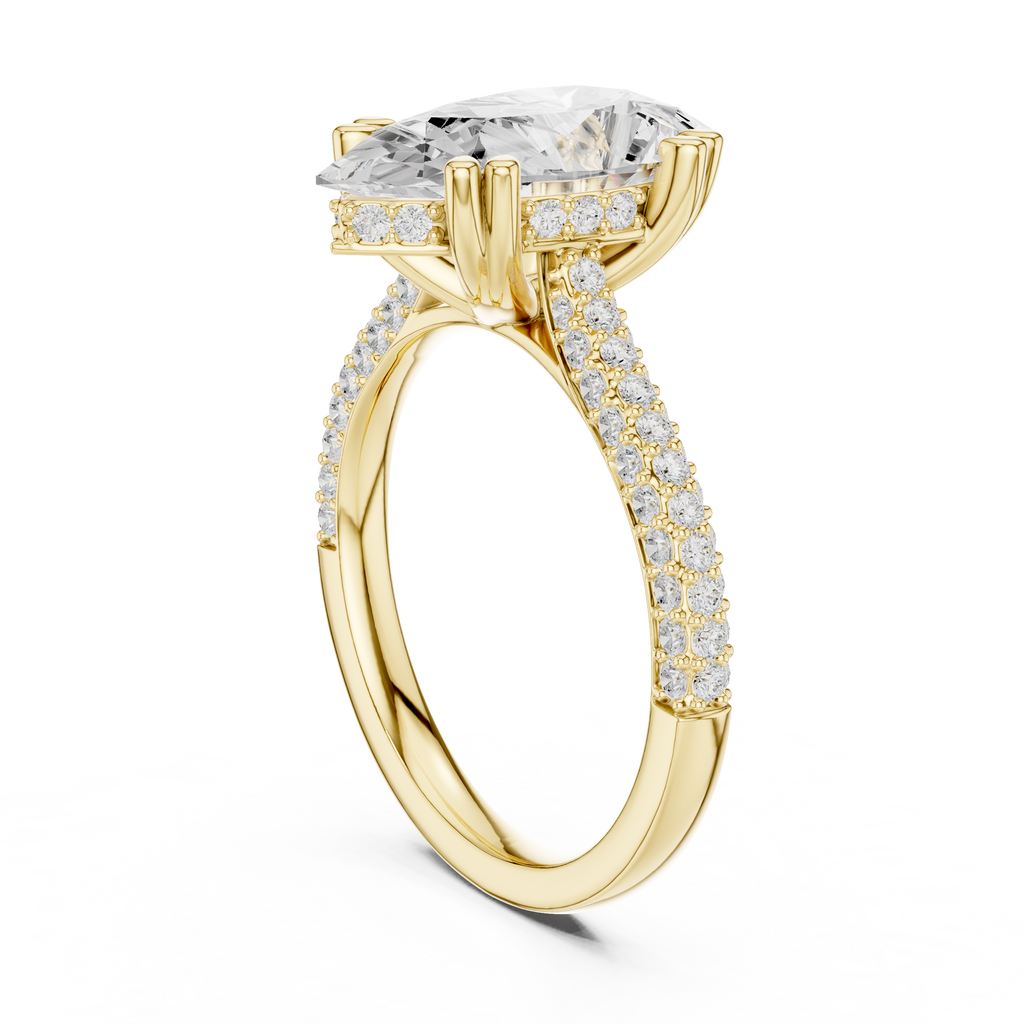 yellow gold pear ring pave band detailing macro shot