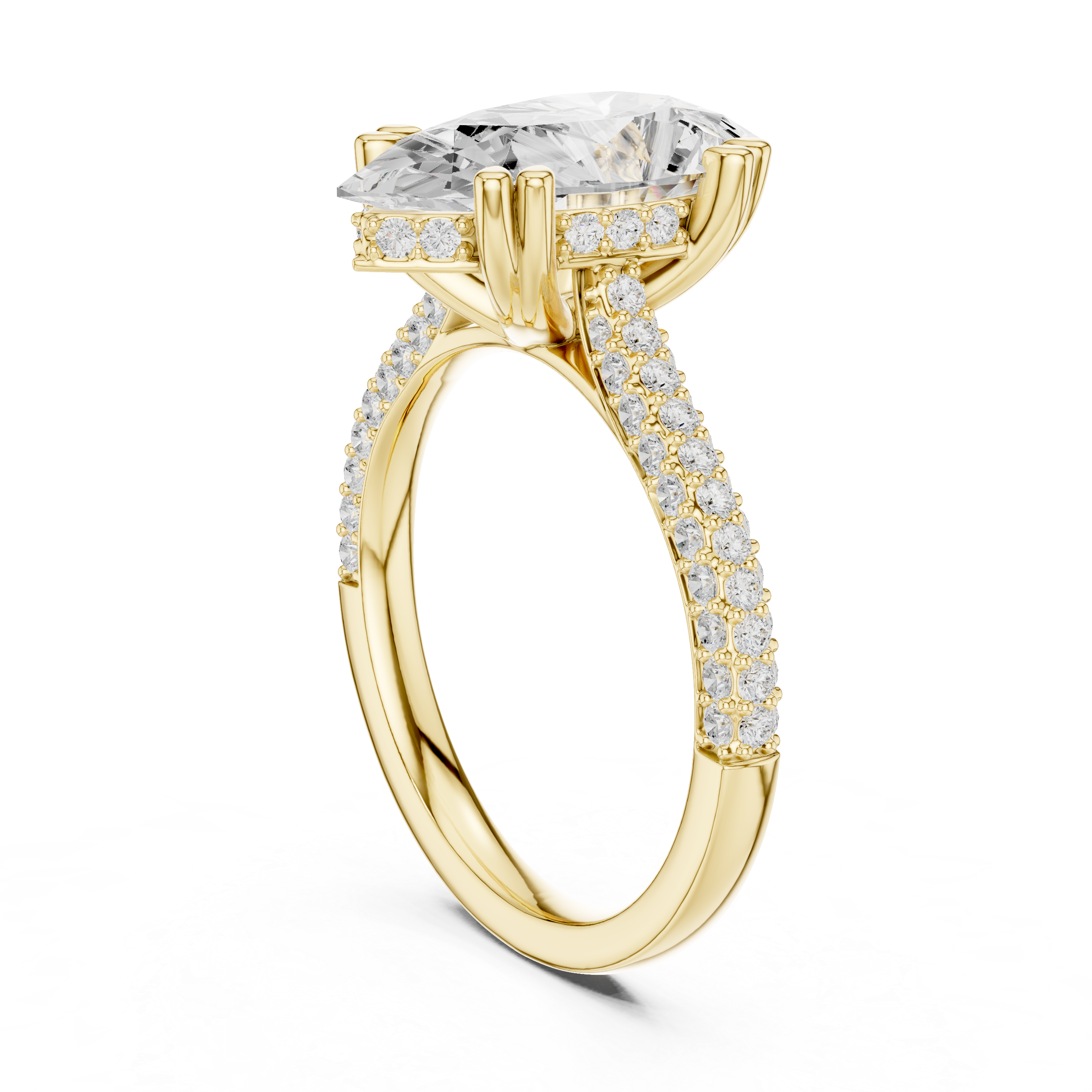 yellow gold pear ring pave band detailing macro shot