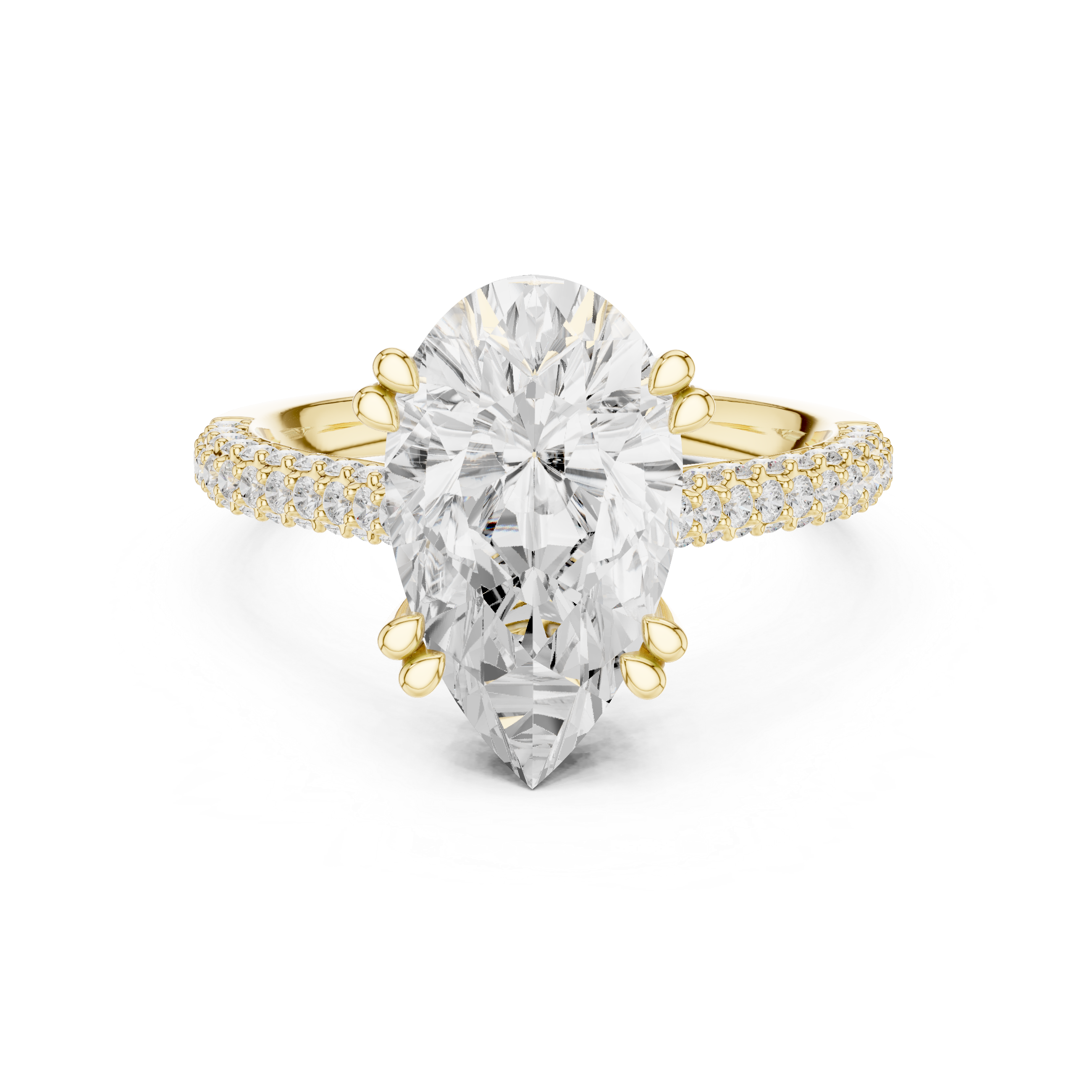 yellow gold pear cut moissanite ring front view brilliance