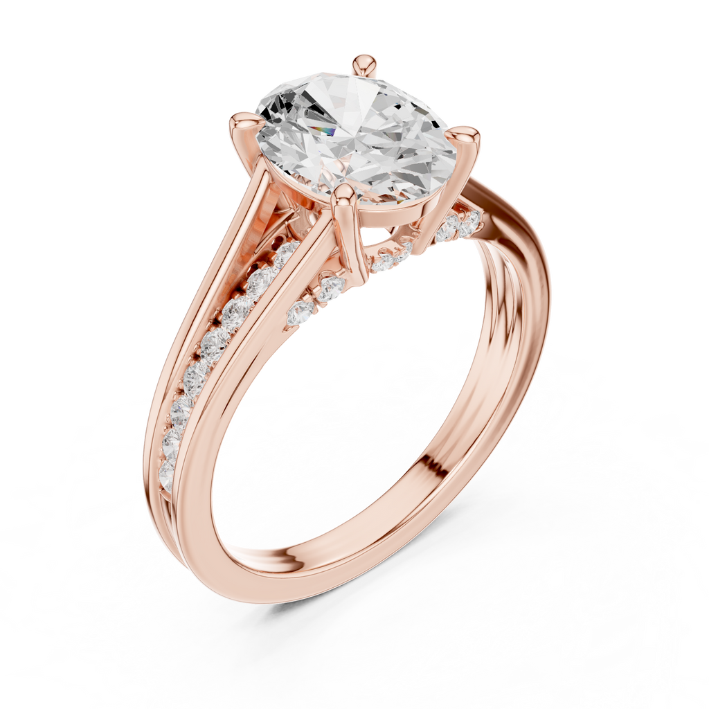Rose gold cathedral oval engagement ring angle view