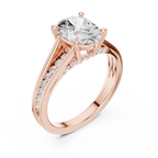 Rose gold cathedral oval engagement ring angle view