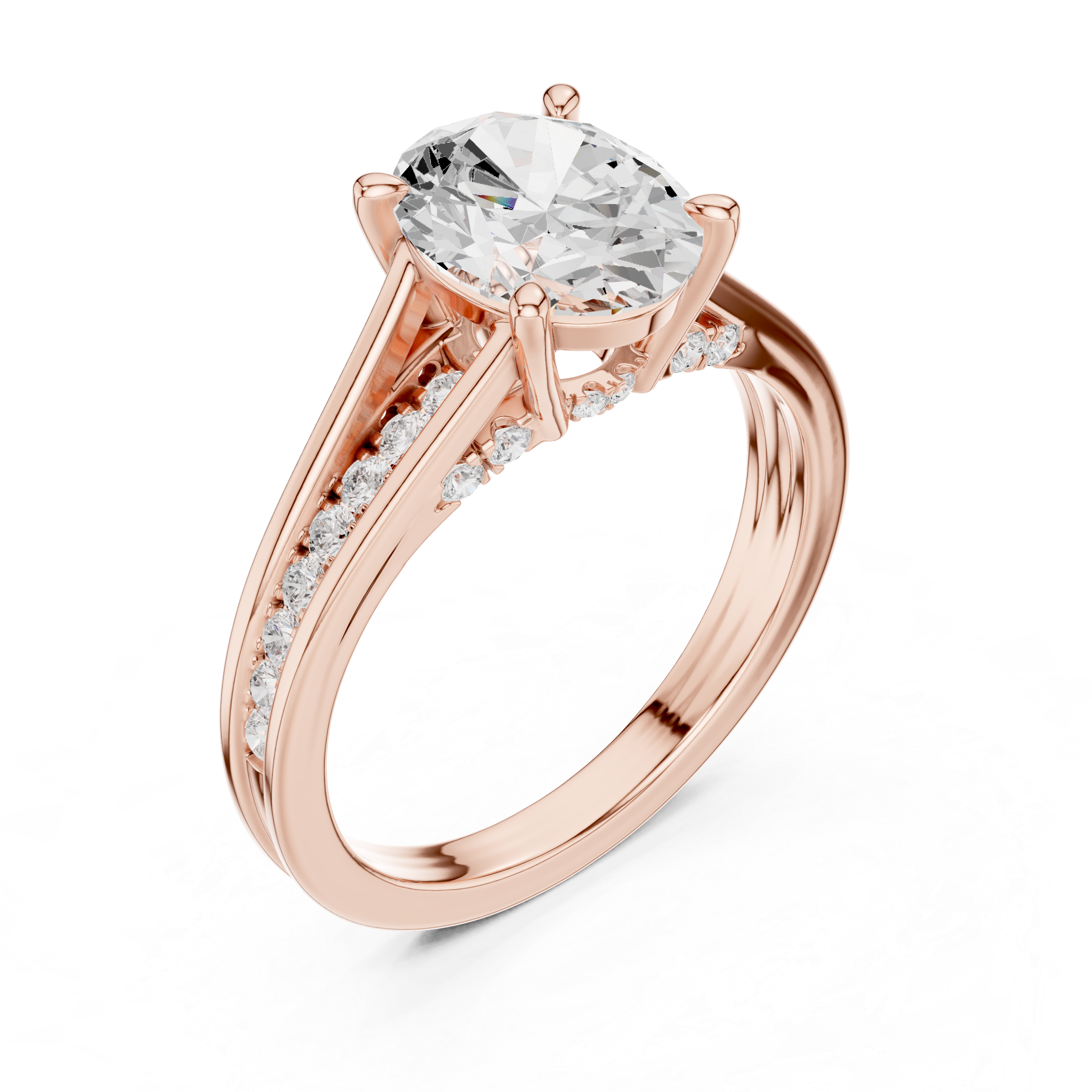 Rose gold cathedral oval engagement ring angle view