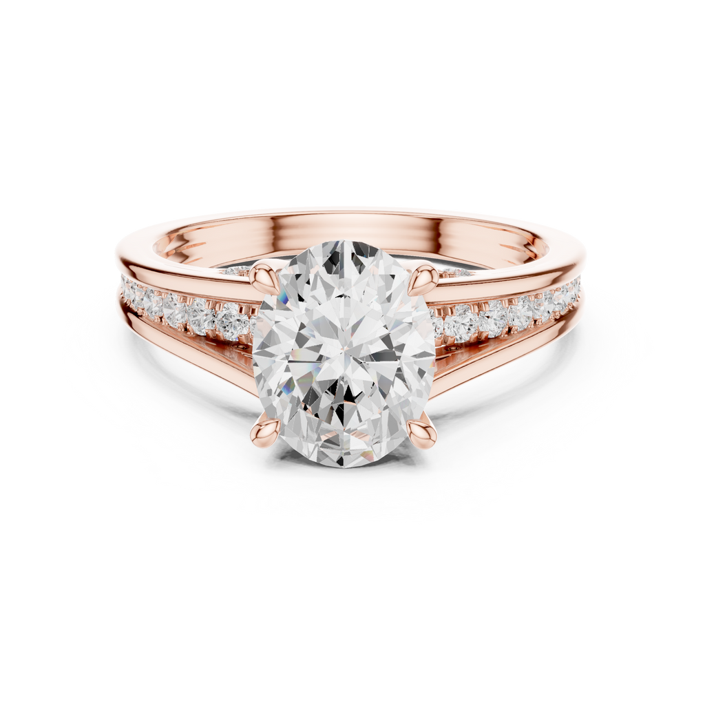 Rose gold oval solitaire split shank ring front view
