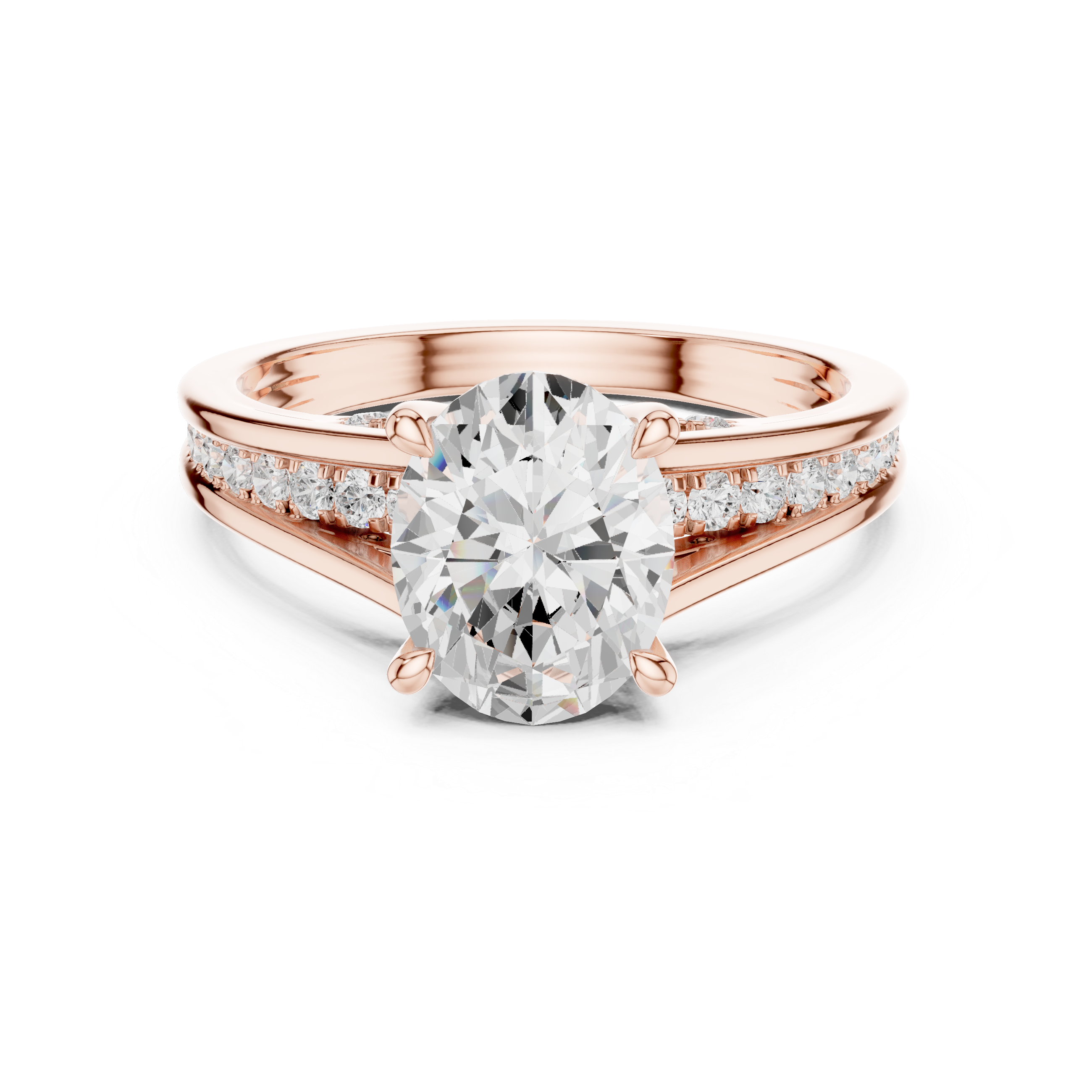 Rose gold oval solitaire split shank ring front view