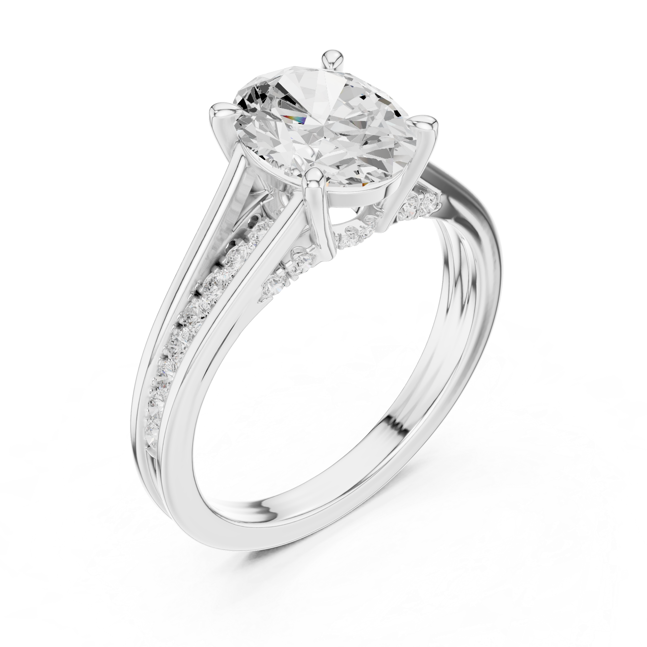 White gold cathedral oval engagement ring top angle