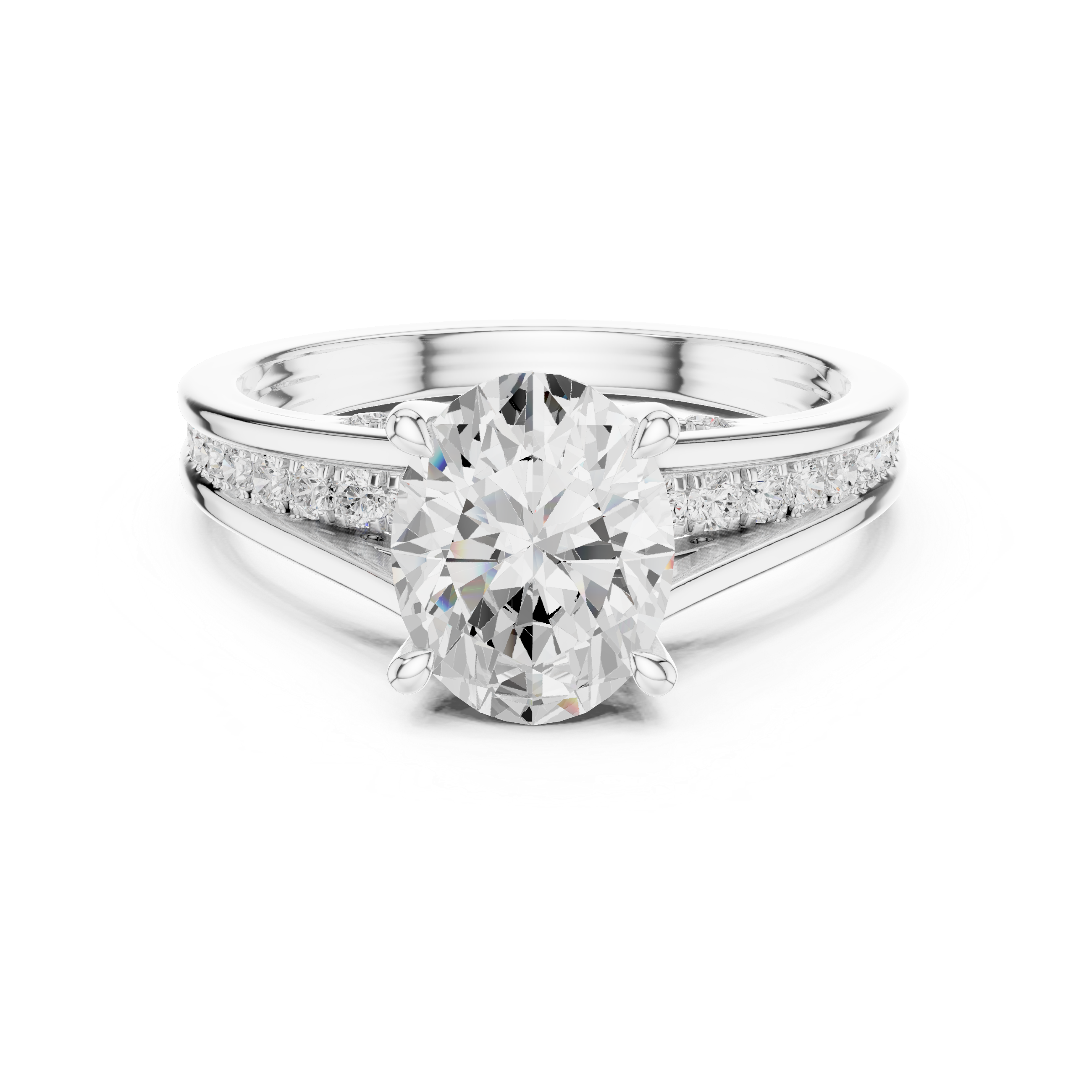 White gold oval solitaire split shank ring front view