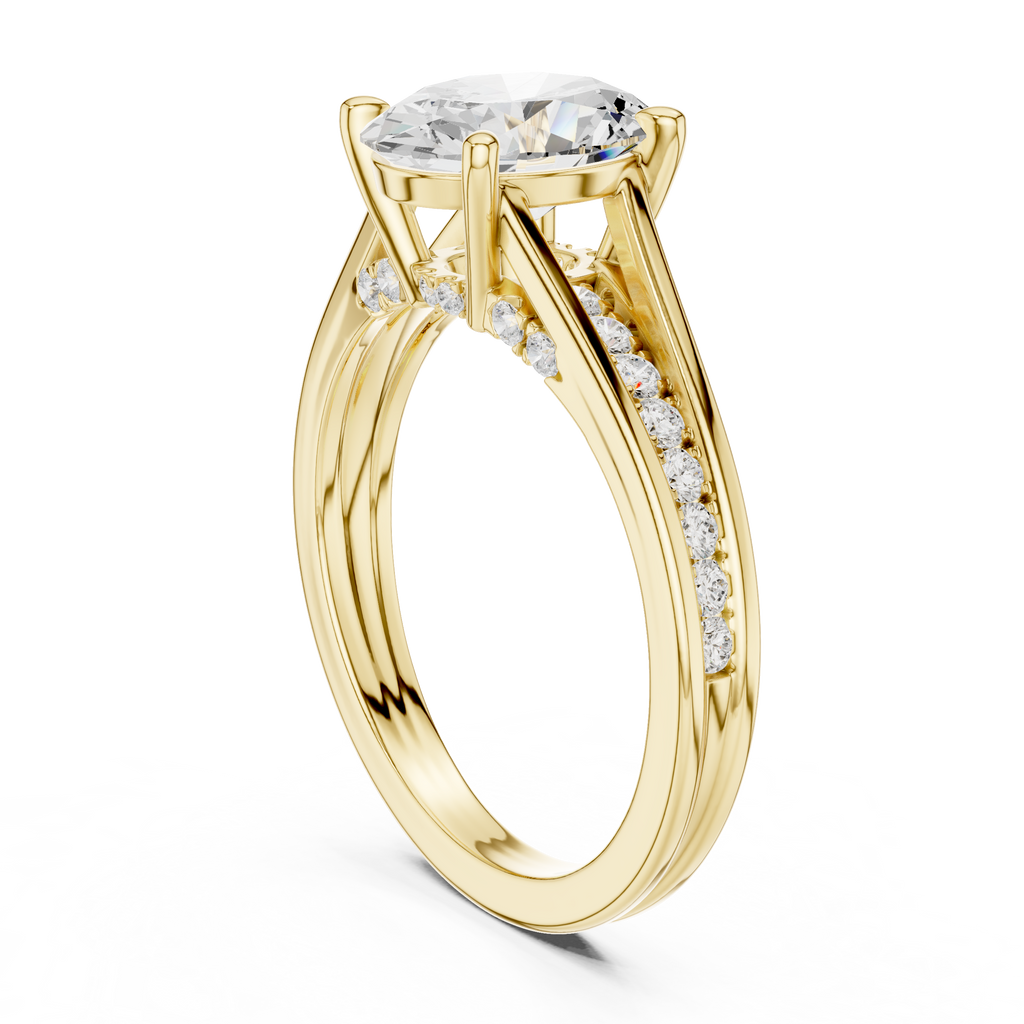 Yellow gold oval ring close up prong setting detail