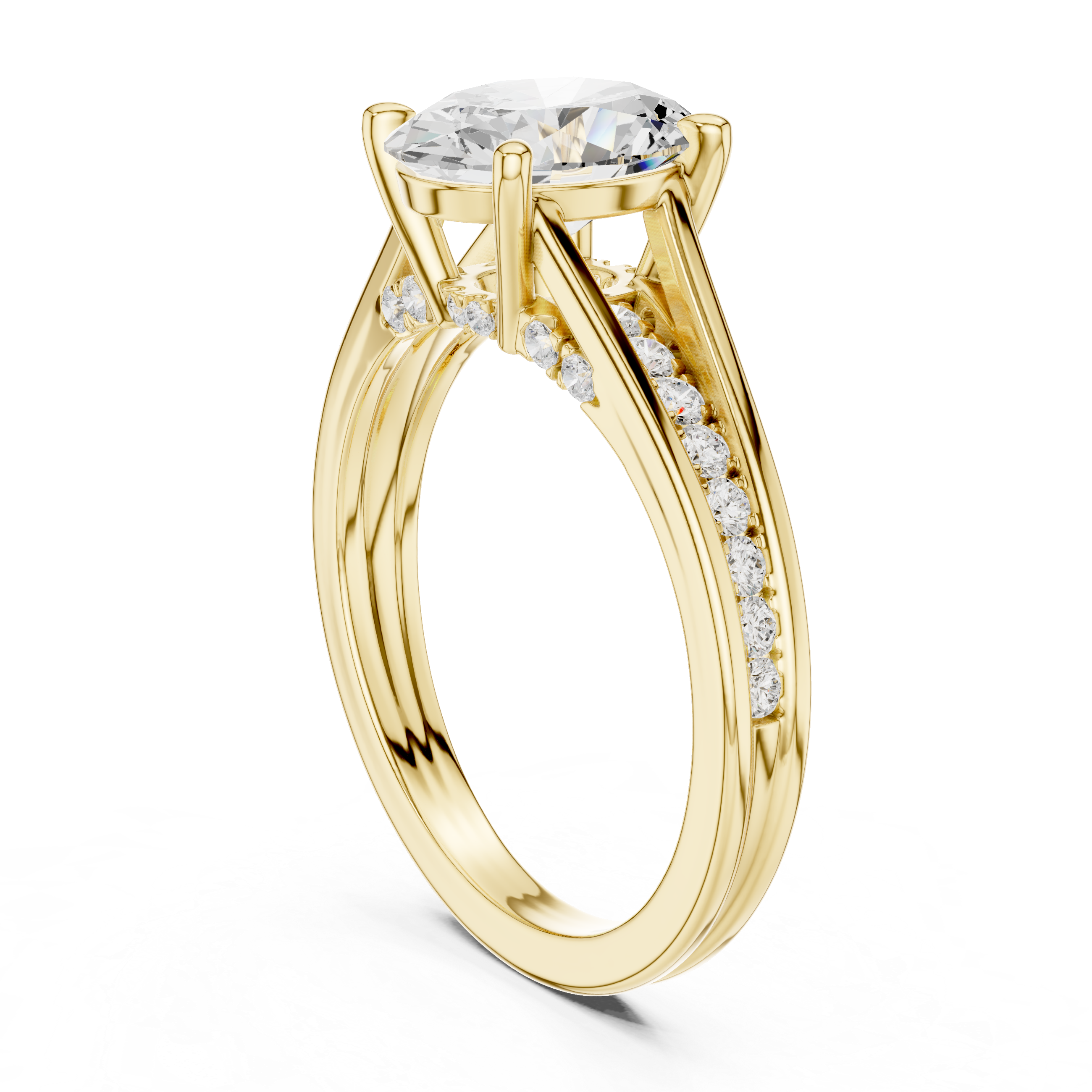 Yellow gold oval ring close up prong setting detail