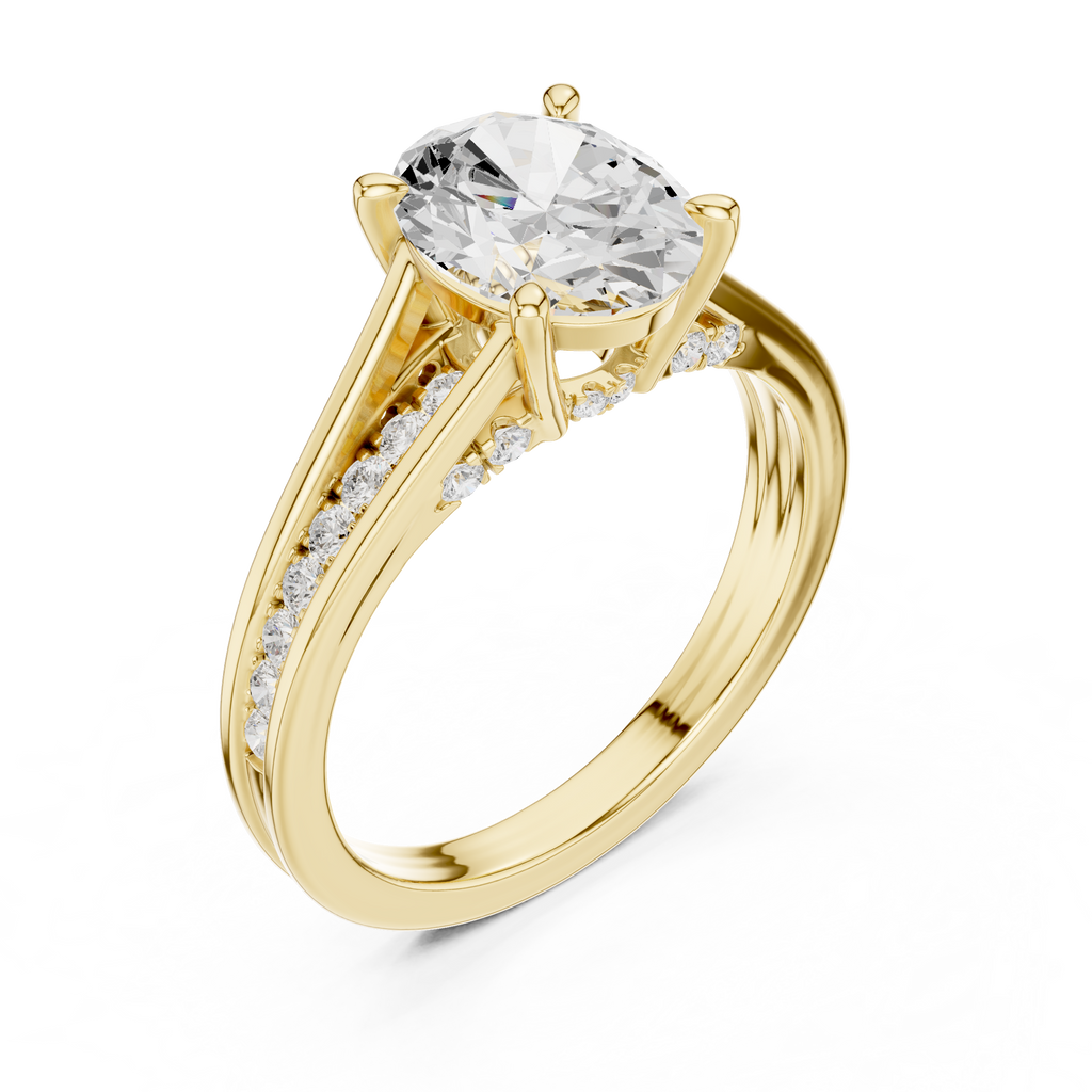 Yellow gold pavé split shank ring angled perspective