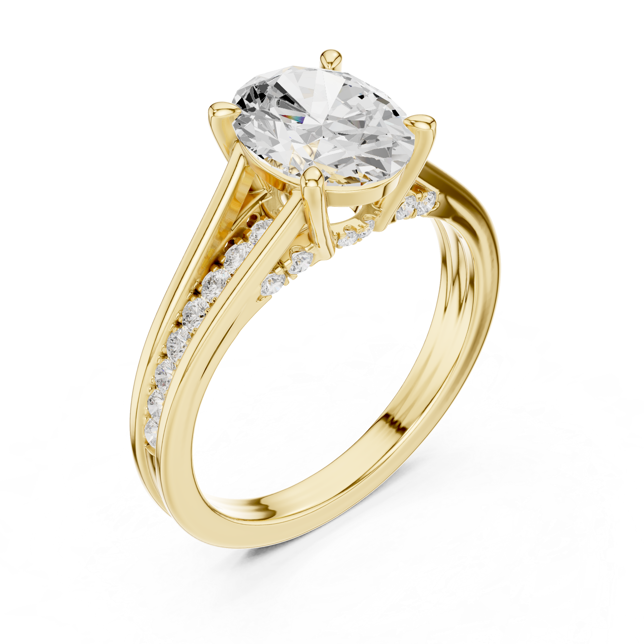 Yellow gold pavé split shank ring angled perspective