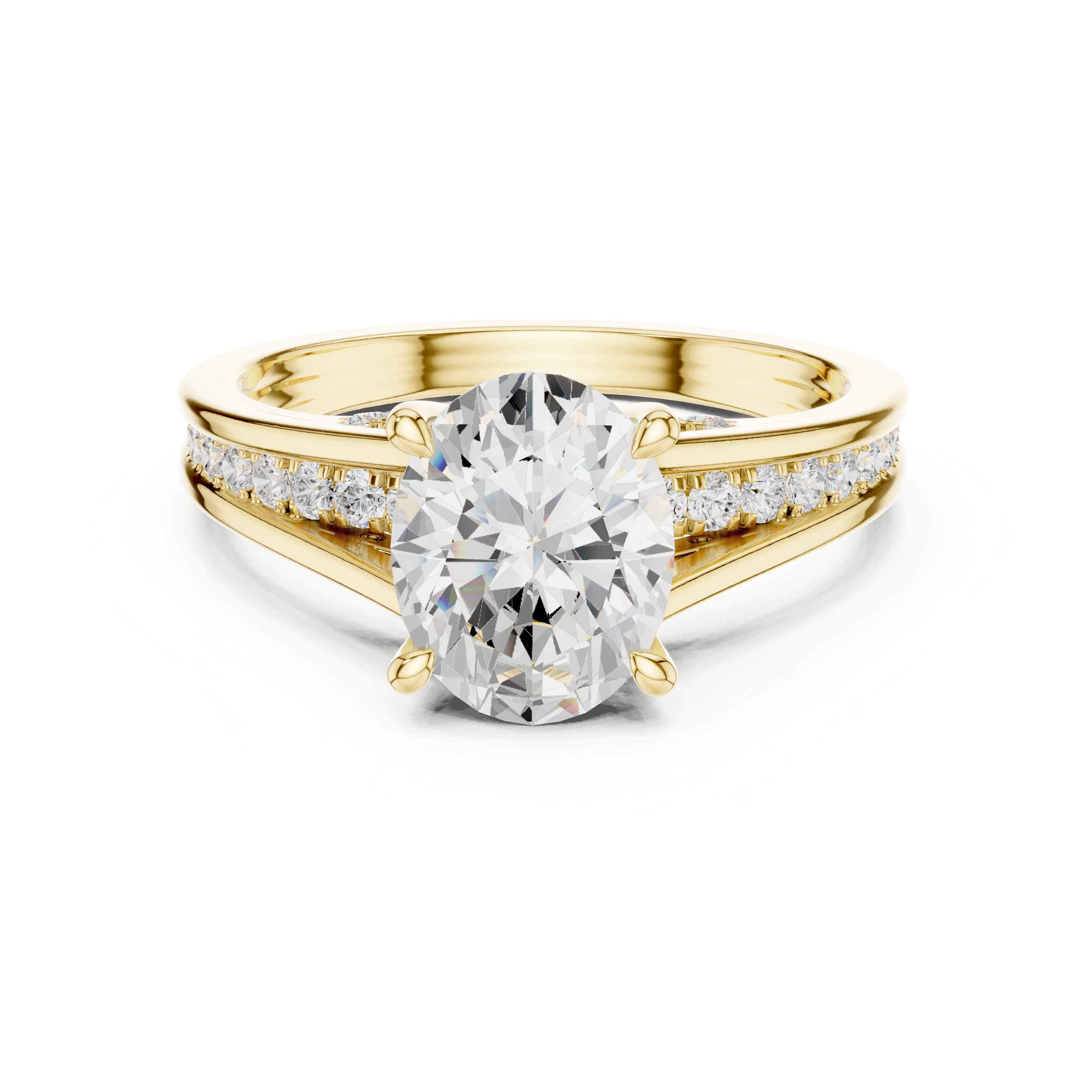 Yellow gold oval solitaire split shank ring front view