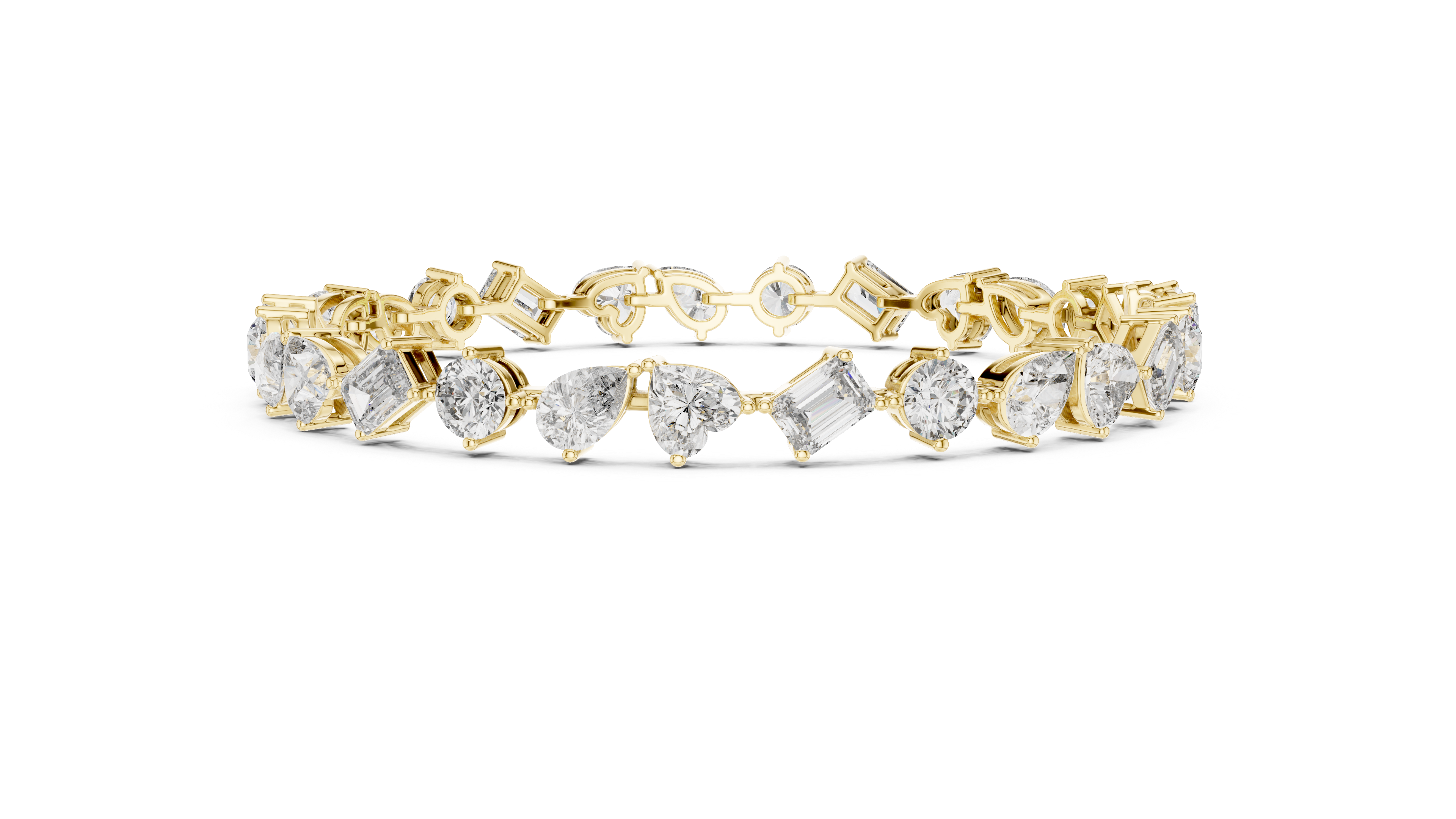 Yellow gold bracelet top view highlighting mixed diamond shapes brilliance