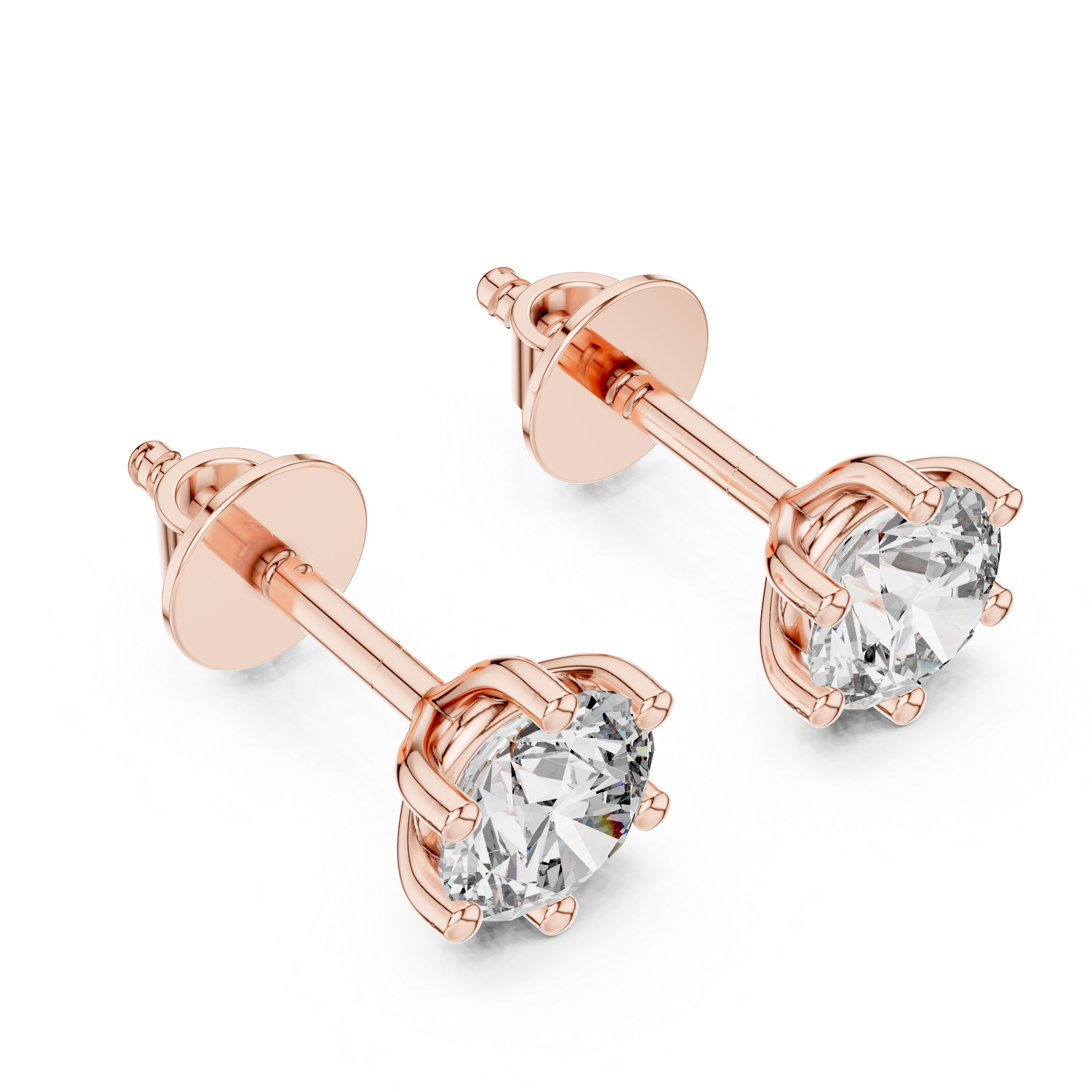 Close up round brilliant moissanite studs in rose gold prong setting