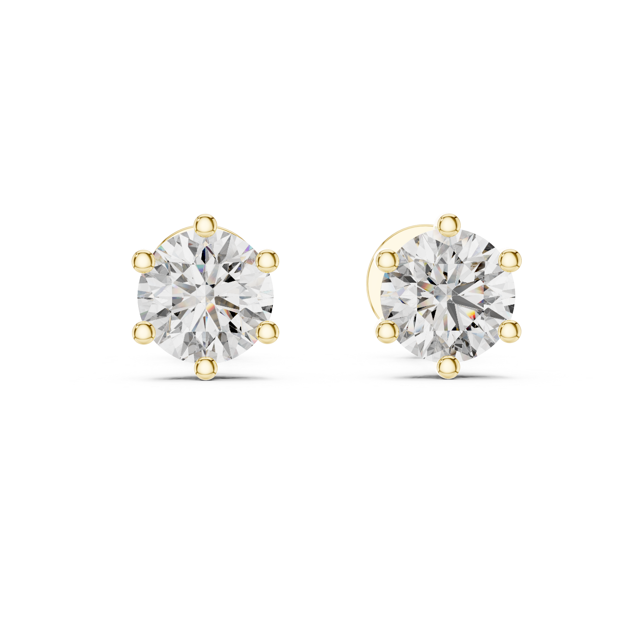 Round brilliant moissanite stud earrings in yellow gold six prong setting