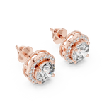Rose gold halo stud earrings angled perspective showing brilliance