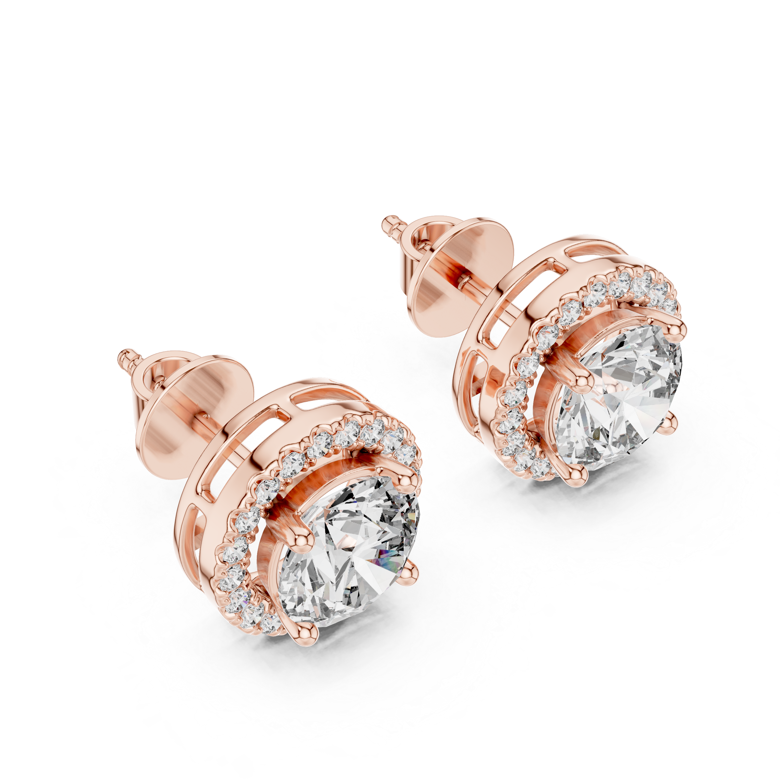 Rose gold halo stud earrings angled perspective showing brilliance