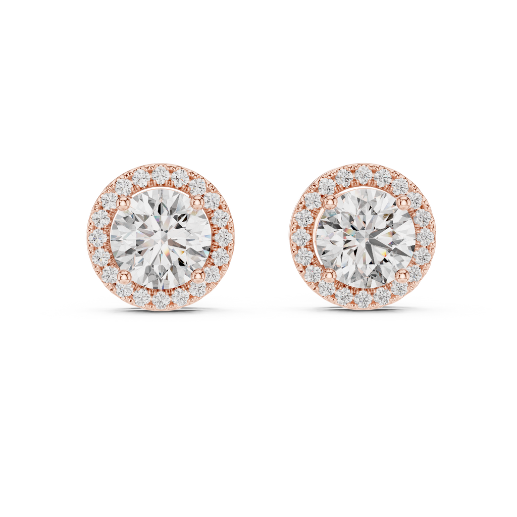 Rose gold round halo moissanite stud earrings front view sparkle focus