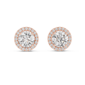 Rose gold round halo moissanite stud earrings front view sparkle focus
