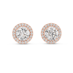 Rose gold round halo moissanite stud earrings front view sparkle focus