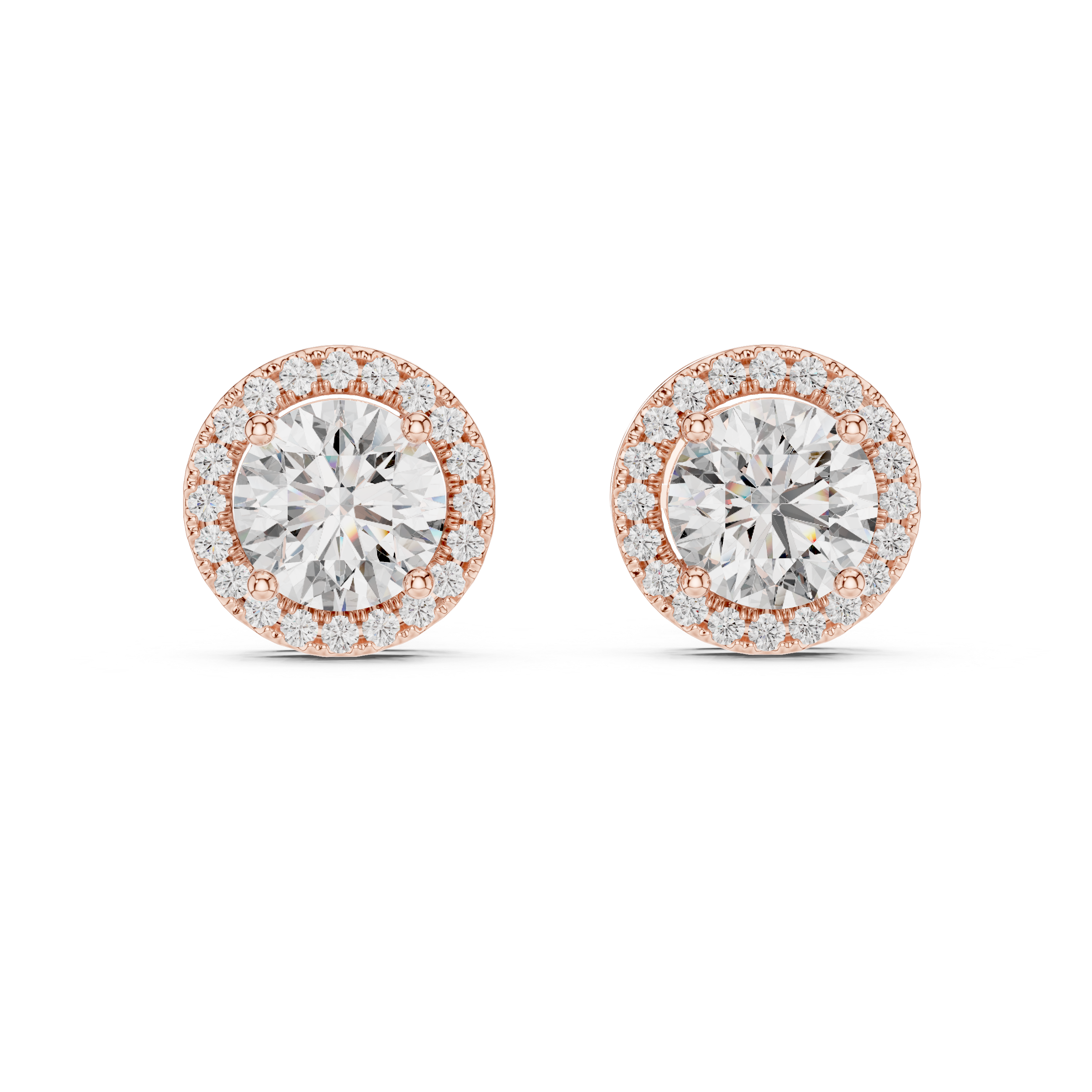 Rose gold round halo moissanite stud earrings front view sparkle focus