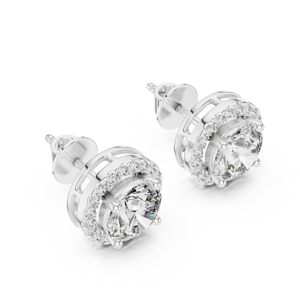 White gold halo earrings angled view showcasing brilliance