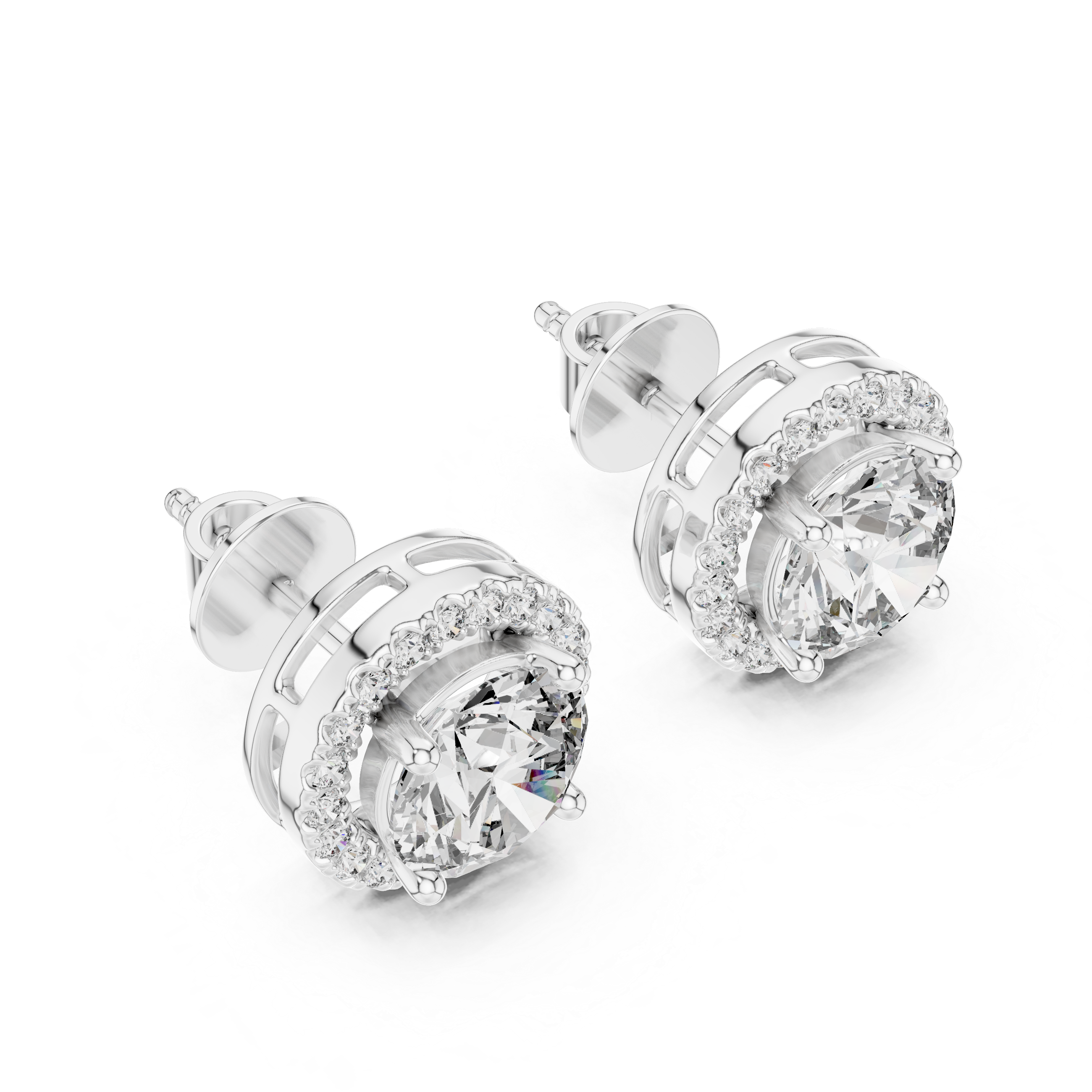 White gold halo earrings angled view showcasing brilliance