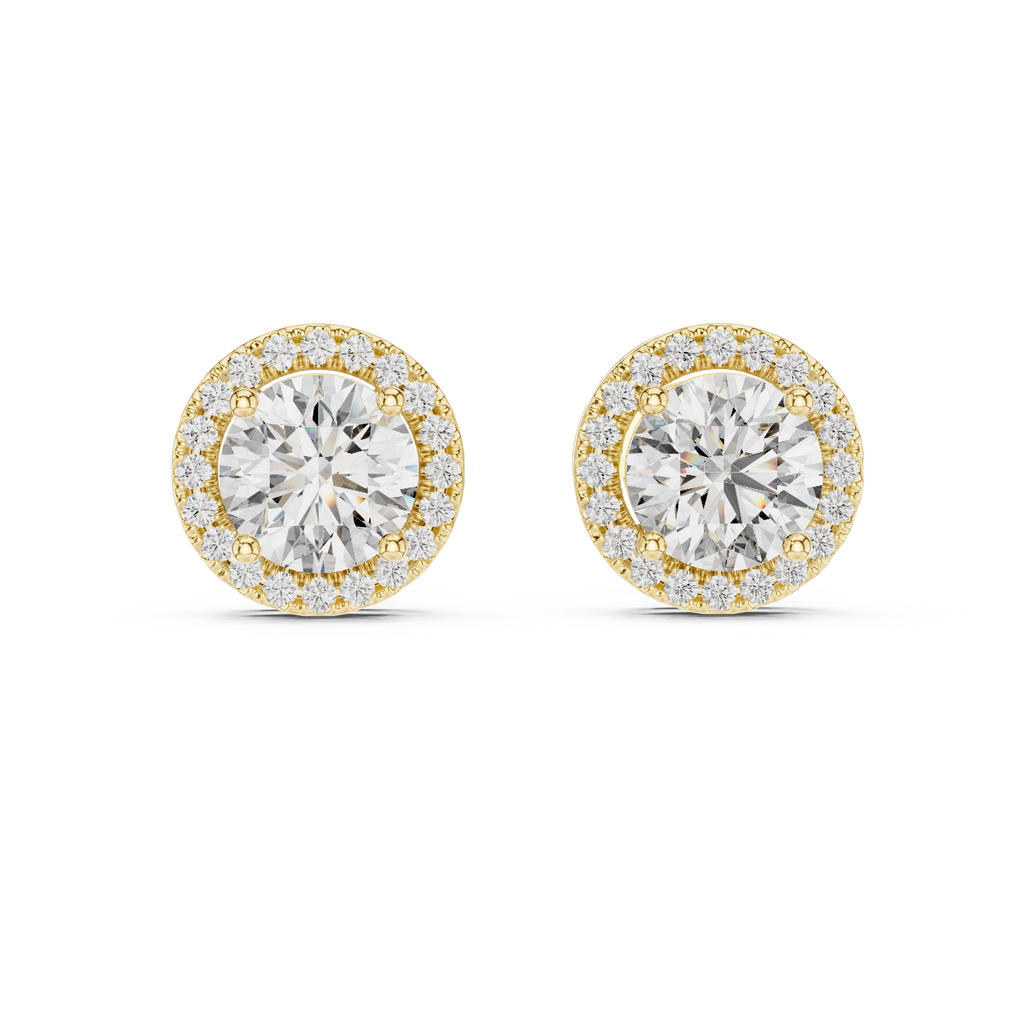 Yellow gold moissanite halo earrings 360 full angle display