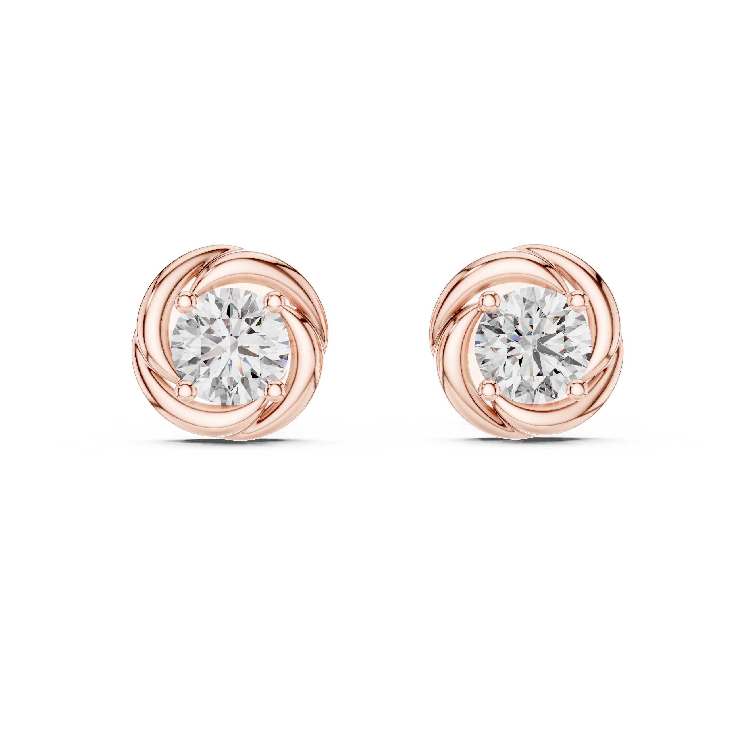 Mozow X round moissanite twisted halo stud earrings rose gold front view