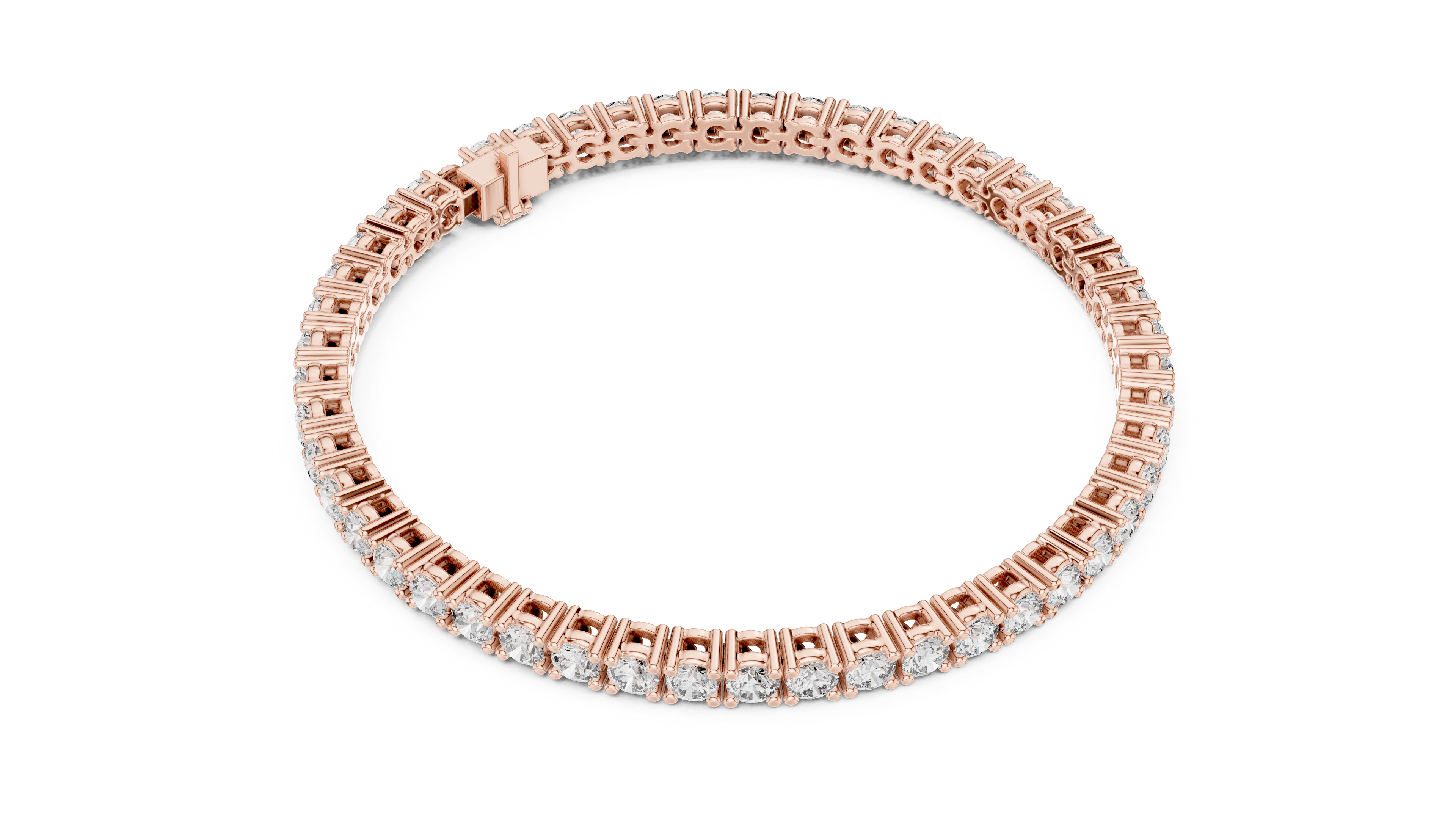 Rose Gold Flexible Luxury Tennis Bracelet Angled View Highlighting Brilliant Stone Line