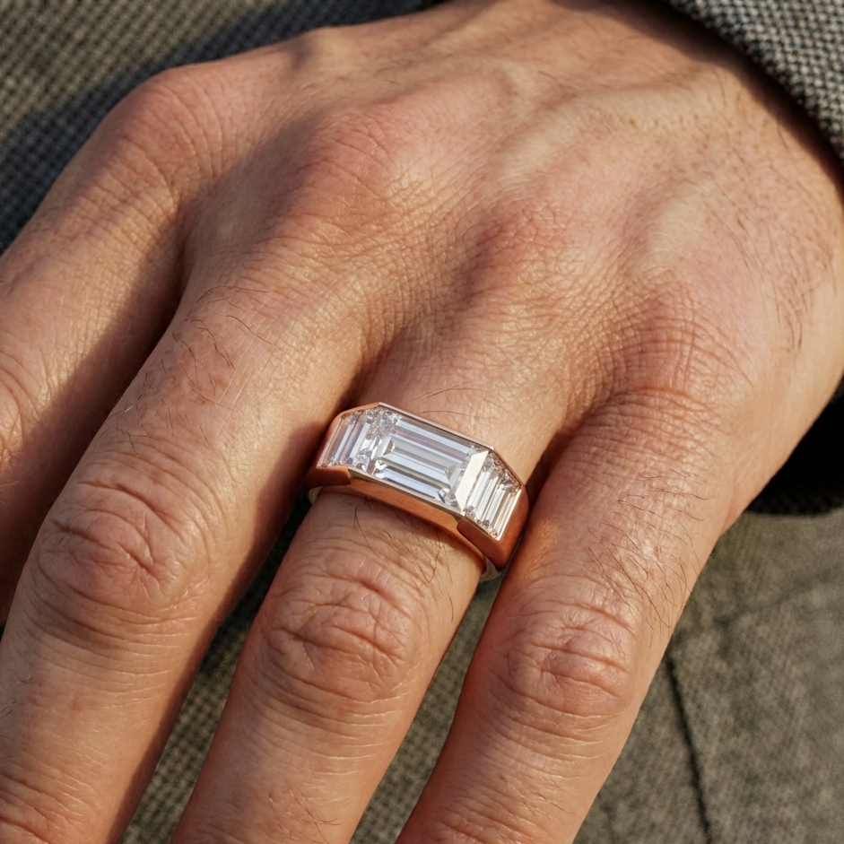 Close-up of a hand wearing a rose gold ring with a diamond on a textured surface
