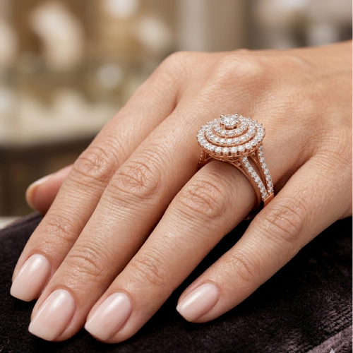 Close-up of a hand wearing a rose gold diamond ring on a blurred background
