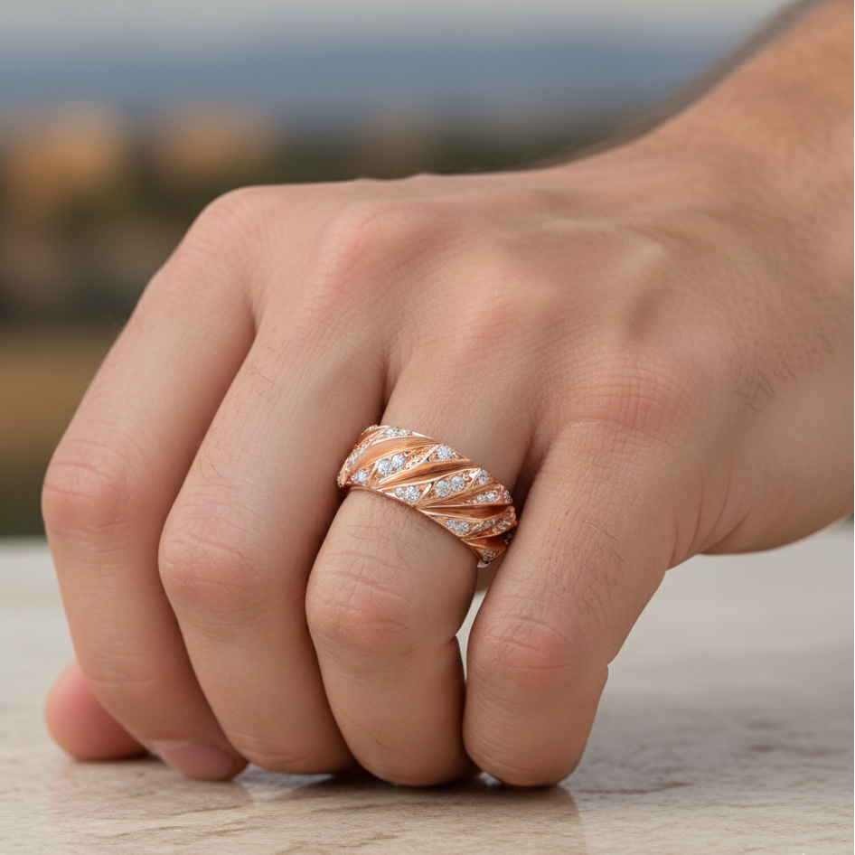 Hand wearing a rose gold ring with diamonds on a blurred natural background