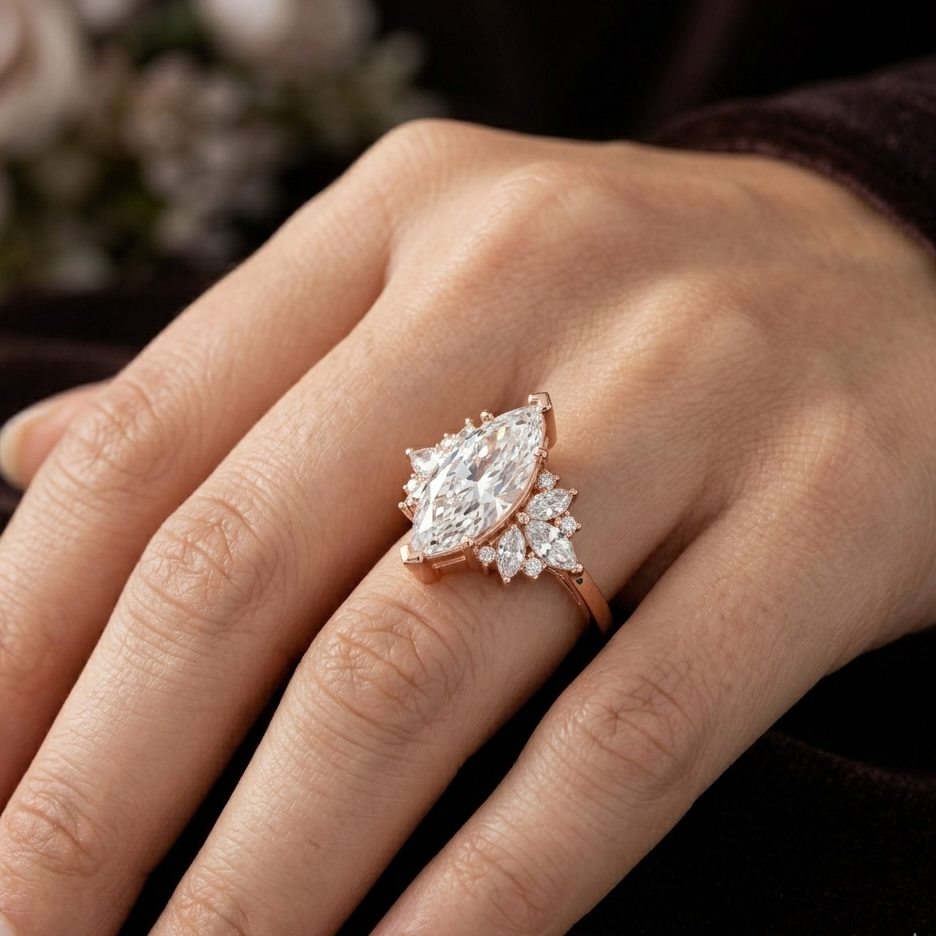 Rose gold diamond ring on a hand with a blurred floral background