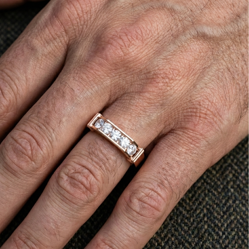 Rose gold ring with diamonds on a person's finger