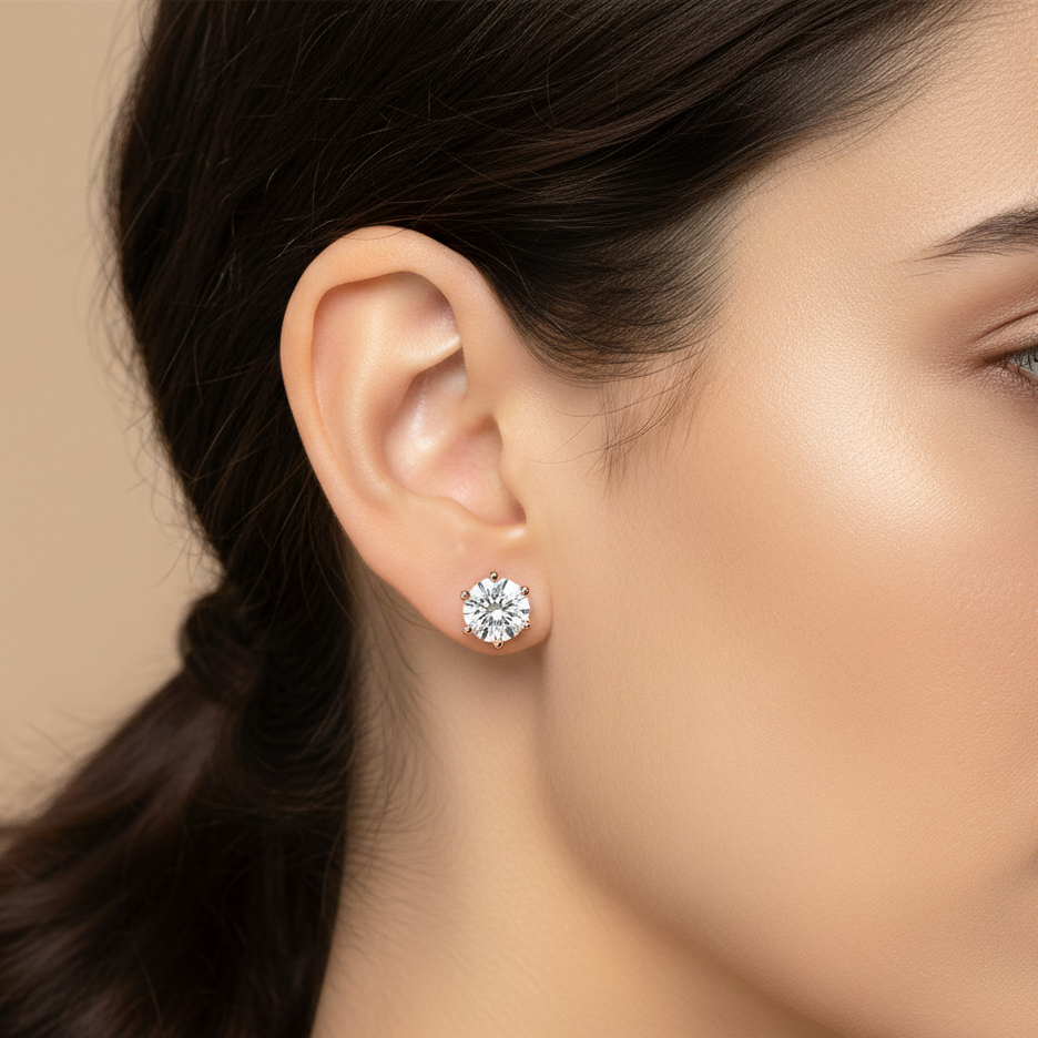 Close-up of a woman's ear wearing a diamond earring against a neutral background