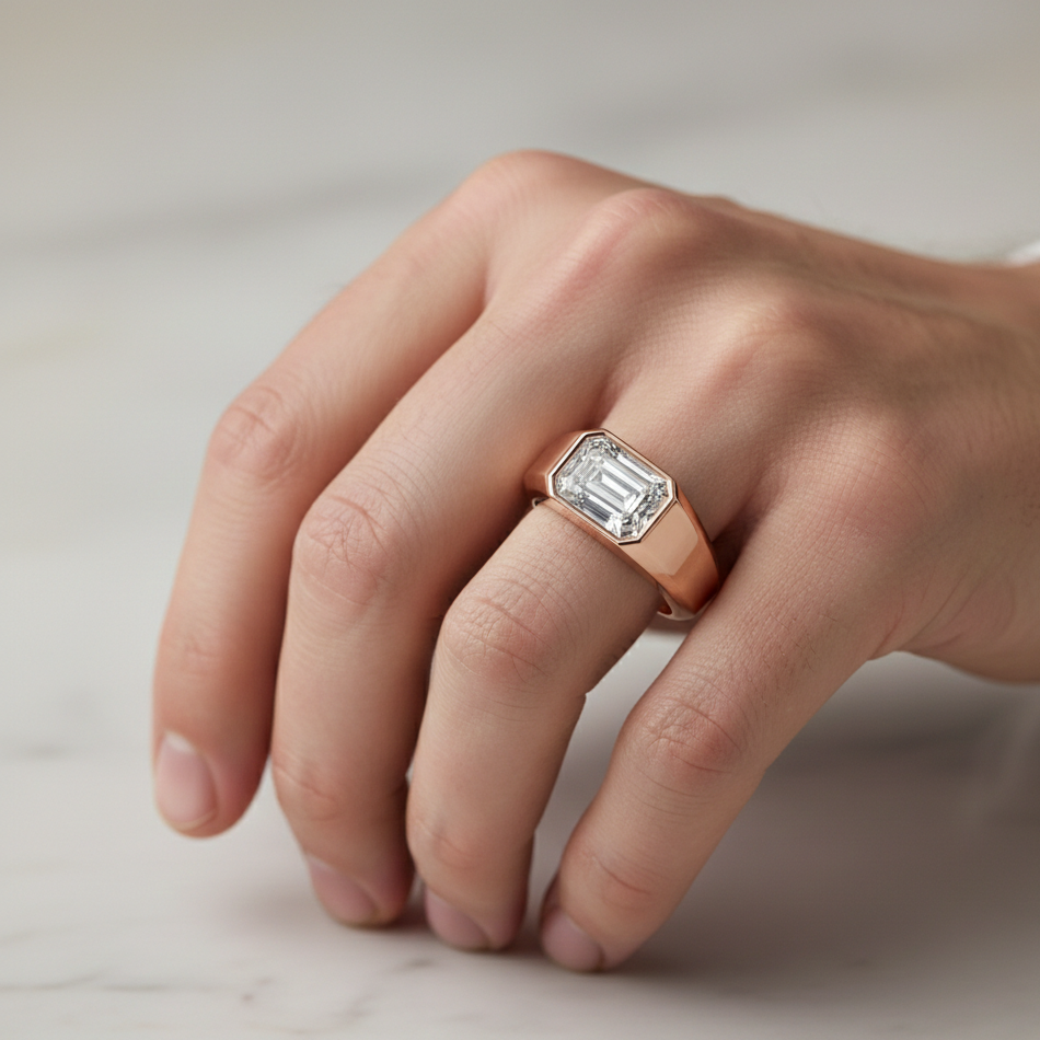 Rose gold ring with a diamond on a hand against a neutral background