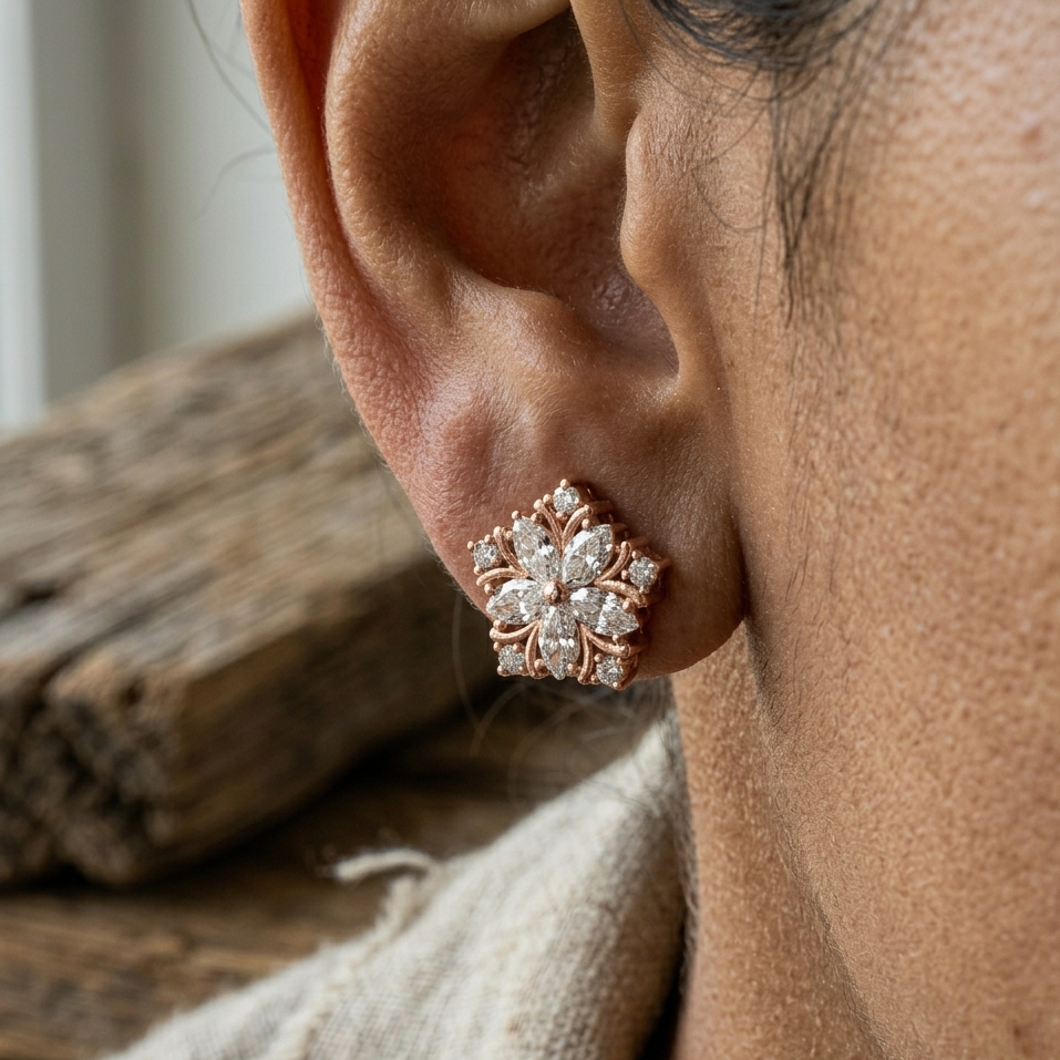 Close-up of an ear wearing a rose gold floral earring with a blurred natural background