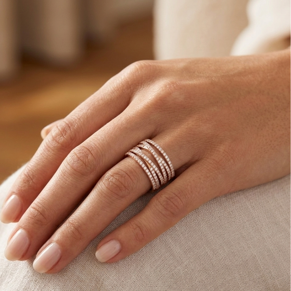 Hand wearing multiple rose gold rings on a neutral background