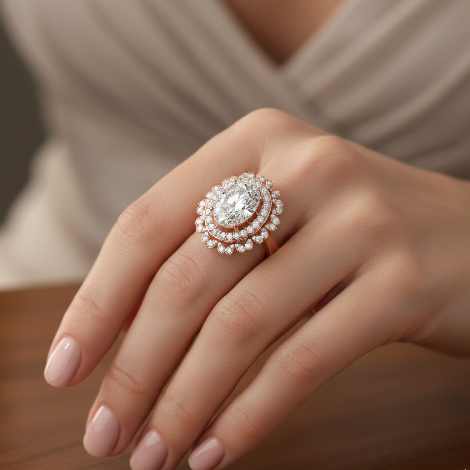 Elegant diamond ring on a hand with a neutral background